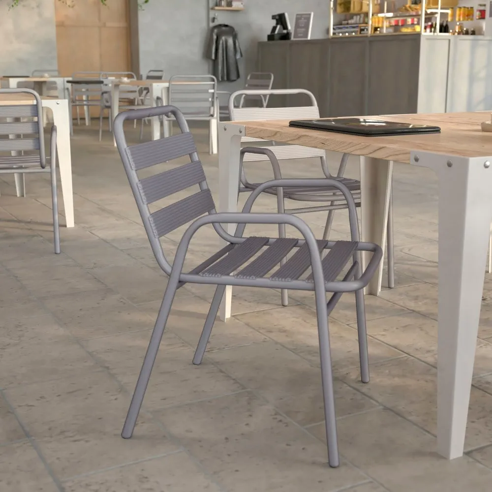 Commercial Indoor-Outdoor Restaurant Stack Chair with Slat Back and Arms