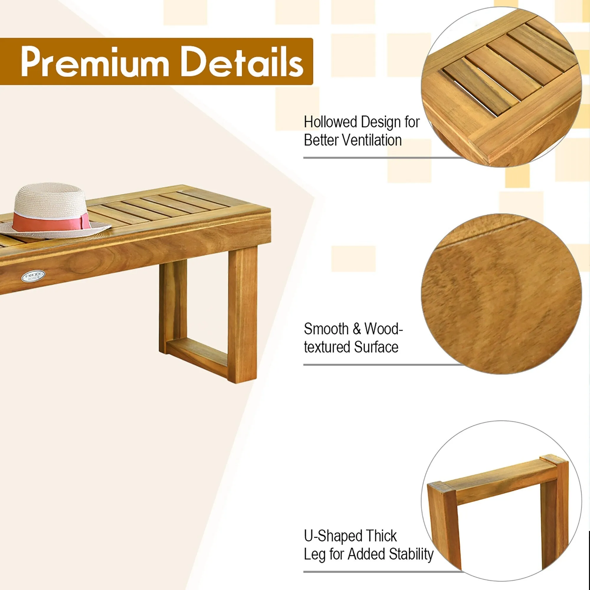 Costway 1/2 PCS 52 Outdoor Acacia Wood Dining Bench Chair Seat Slat