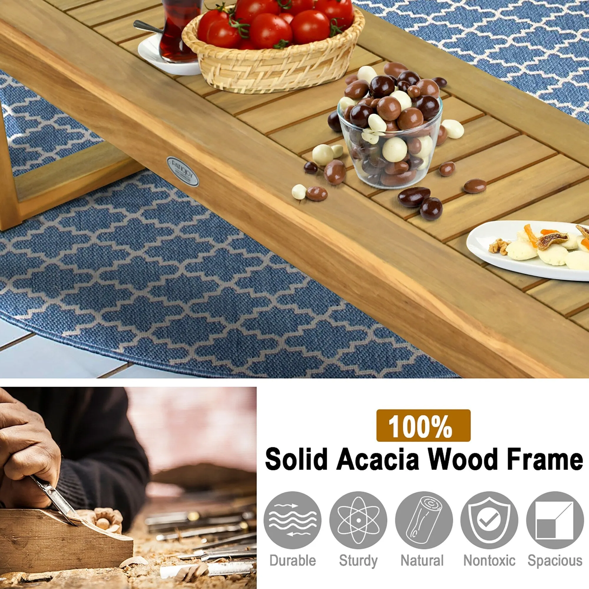 Costway 1/2 PCS 52 Outdoor Acacia Wood Dining Bench Chair Seat Slat