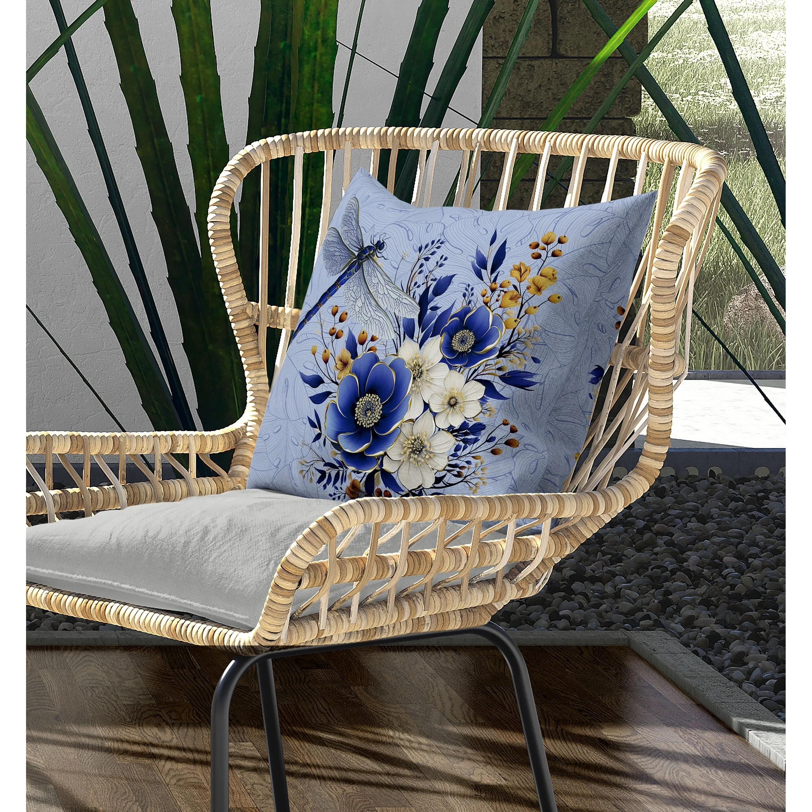 Dragonfly Haven Indoor/Outdoor Reversible Throw Pillow Blue and Yellow