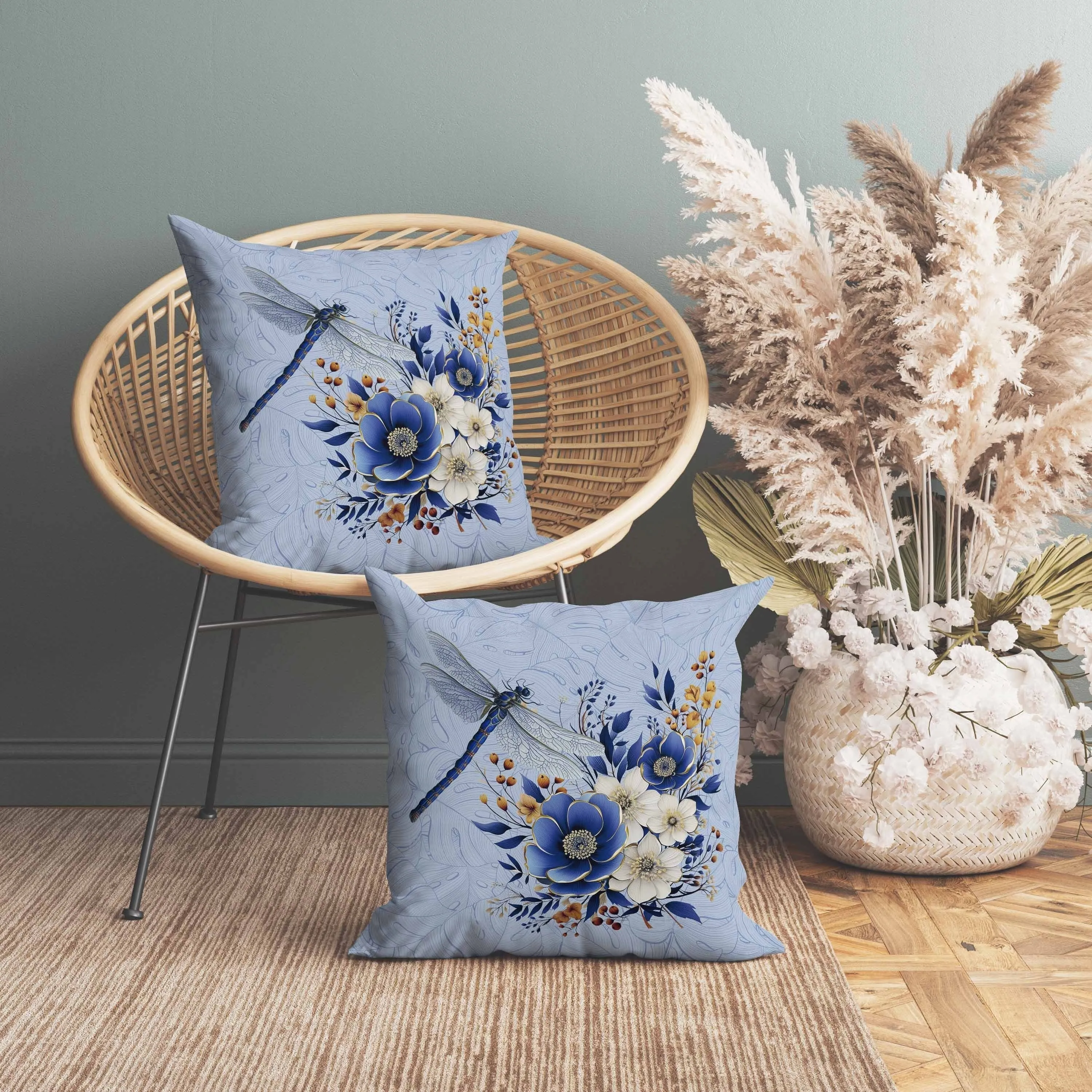 Dragonfly Haven Indoor/Outdoor Reversible Throw Pillow Blue and Yellow