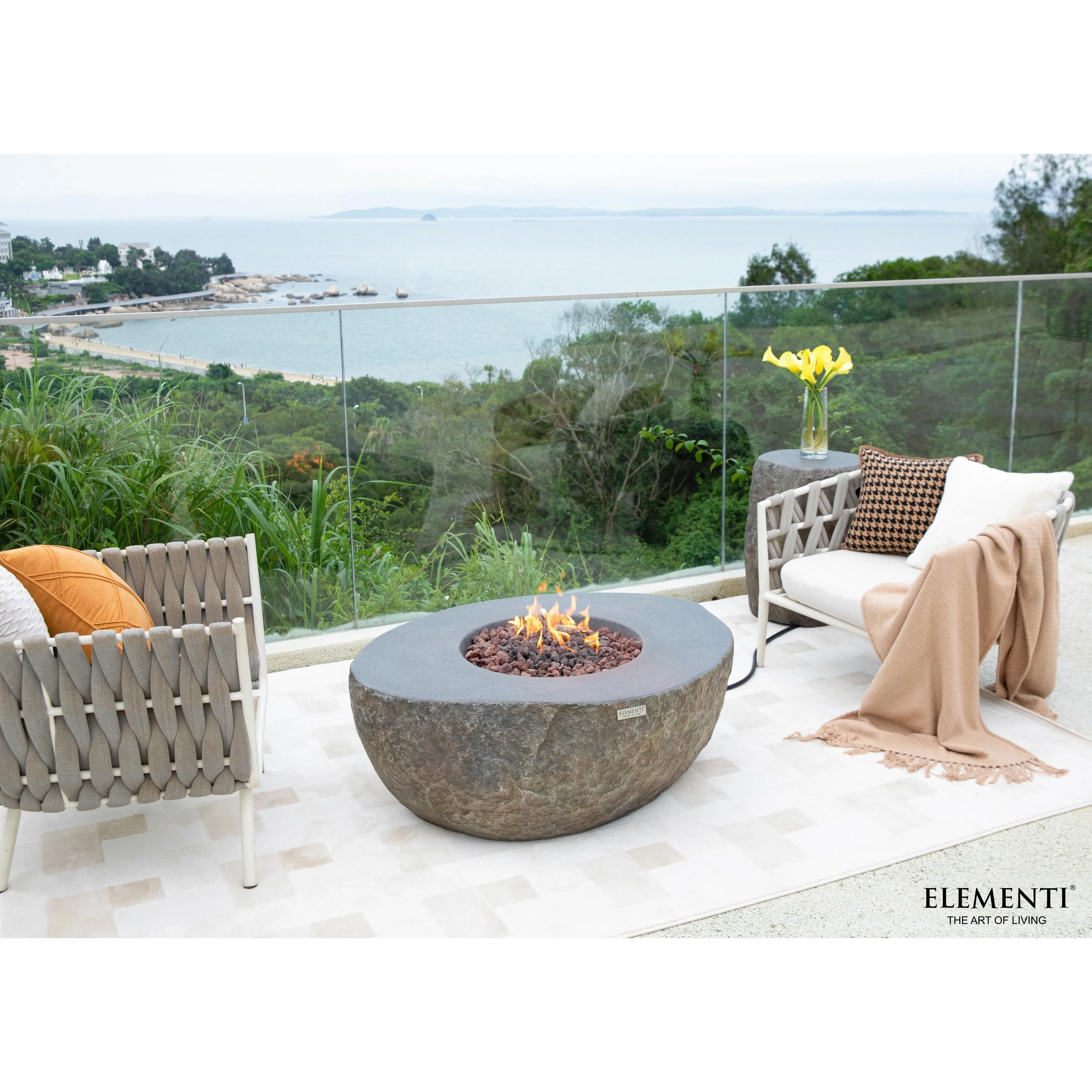 Elementi Boulder 45.000 BTU Concrete Propane Fire Table with Lava Rocks & Cover - 43.3 X 35 X 16.1