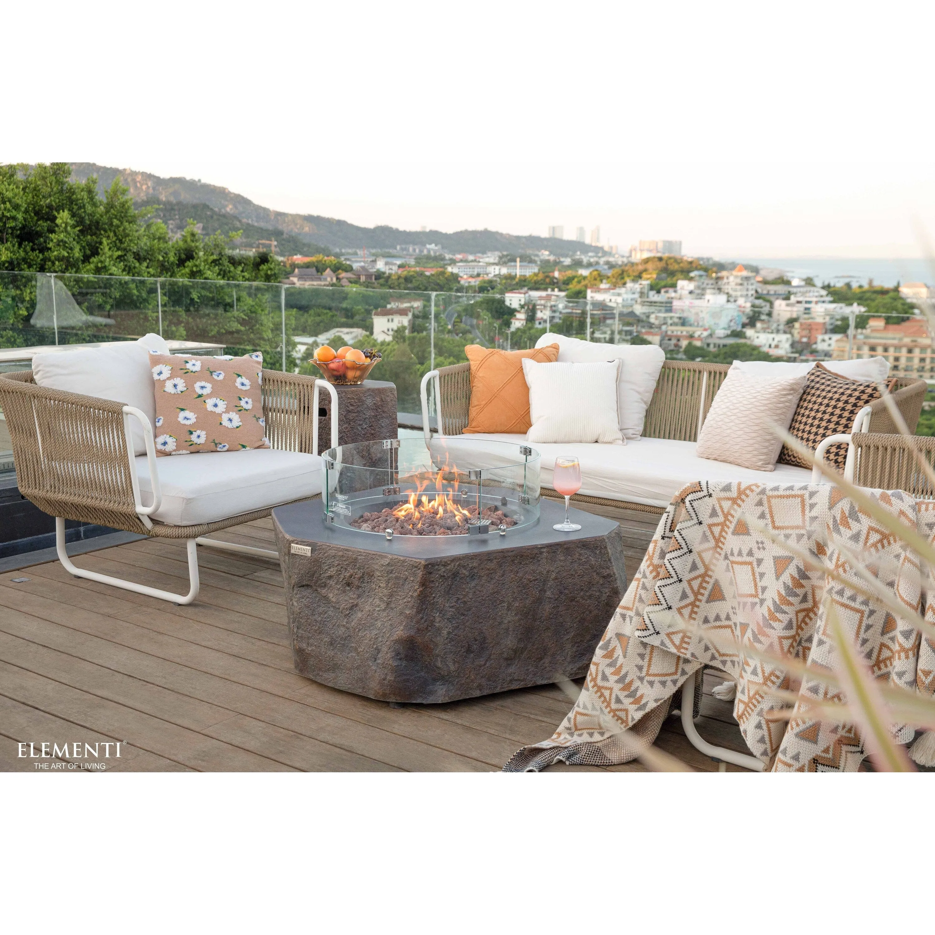 Elementi Columbia 45.000 BTU Concrete Propane Fire Table with Lava Rocks & Cover - 41.7 X 41.7 X 15.7
