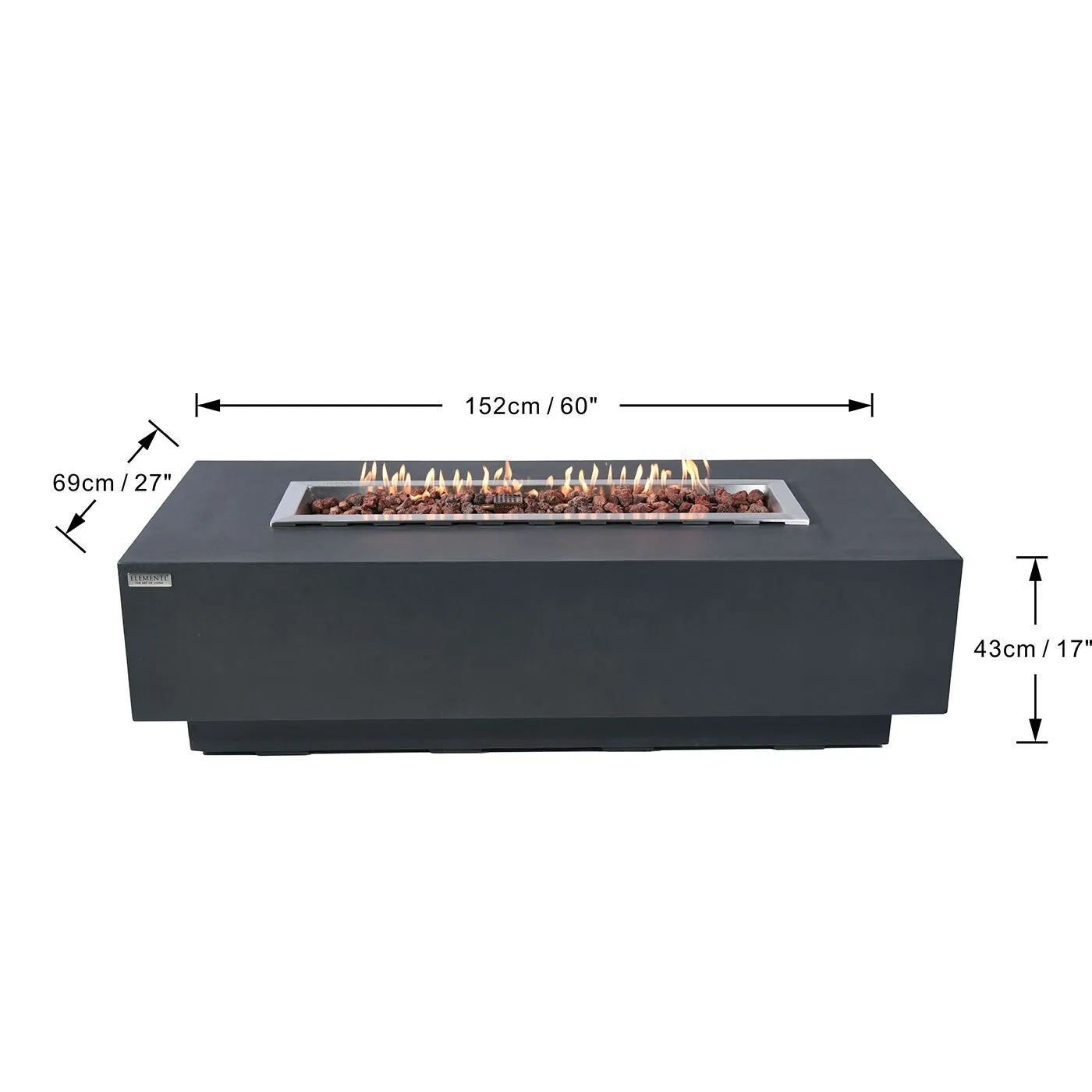 Elementi Granville 45.000 BTU Light Grey Concrete Propane Fire Table with Lava Rocks & Cover - 60 X 27.4 X 16.9