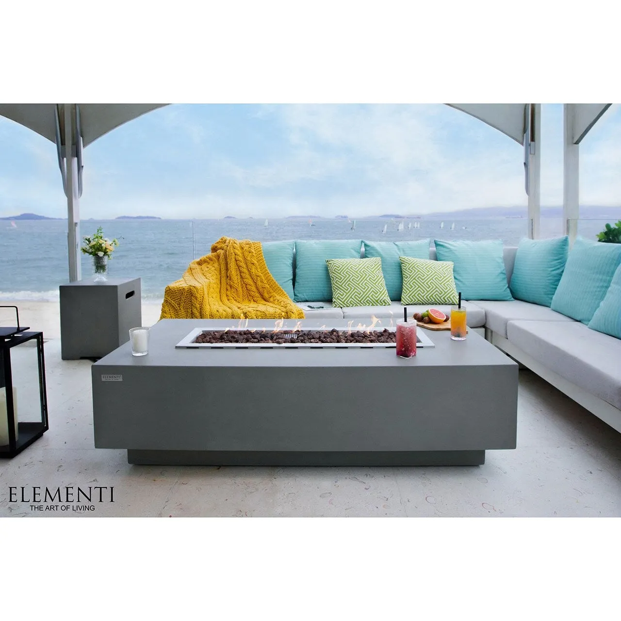 Elementi Granville 45.000 BTU Light Grey Concrete Propane Fire Table with Lava Rocks & Cover - 60 X 27.4 X 16.9