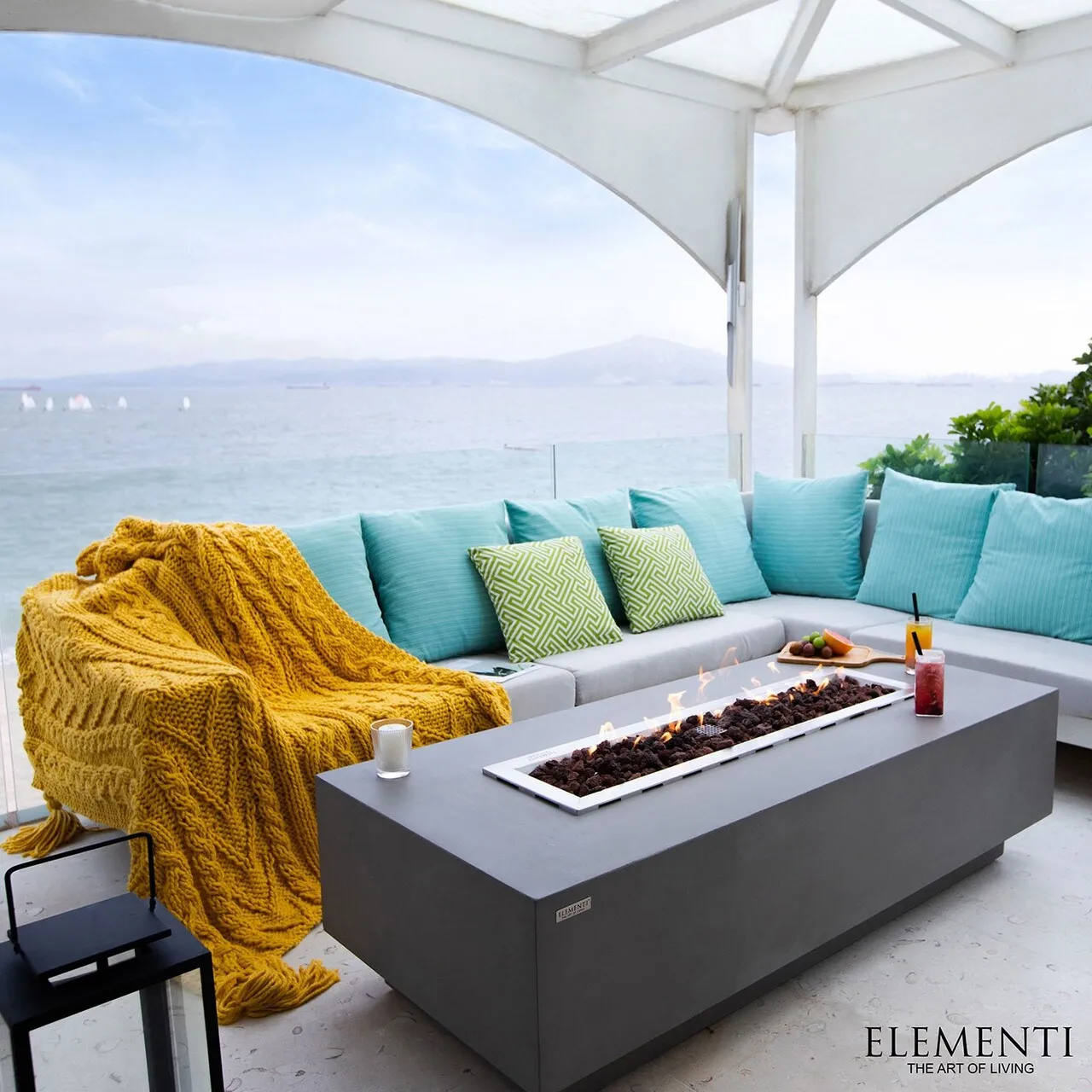 Elementi Granville 45.000 BTU Light Grey Concrete Propane Fire Table with Lava Rocks & Cover - 60 X 27.4 X 16.9