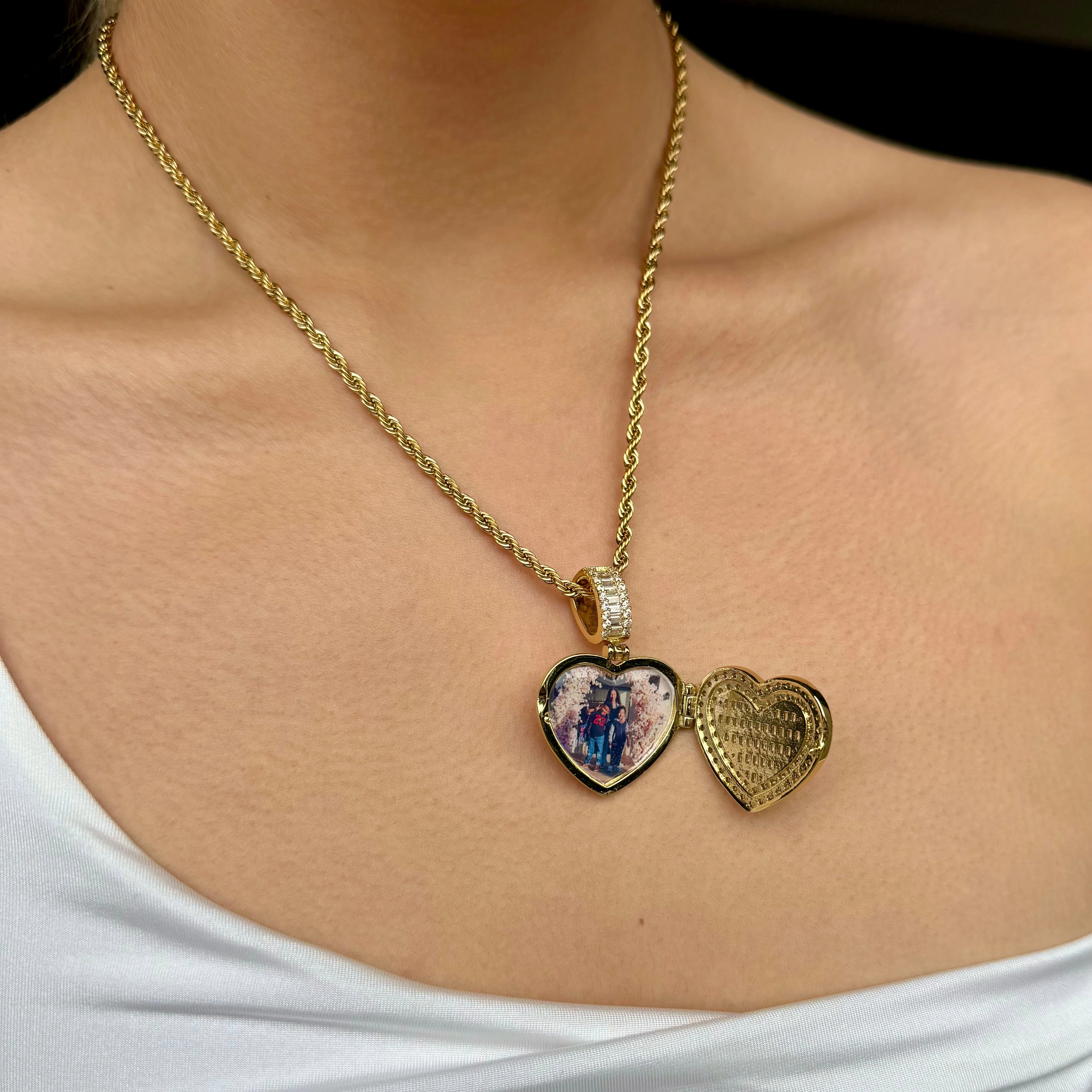 Gold Icy Heart Picture Locket Necklace