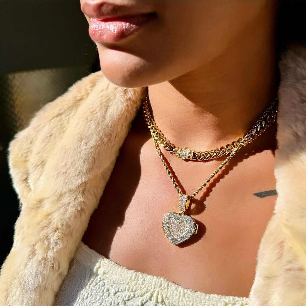 Gold Icy Heart Picture Locket Necklace