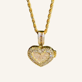 Gold Icy Heart Picture Locket Necklace