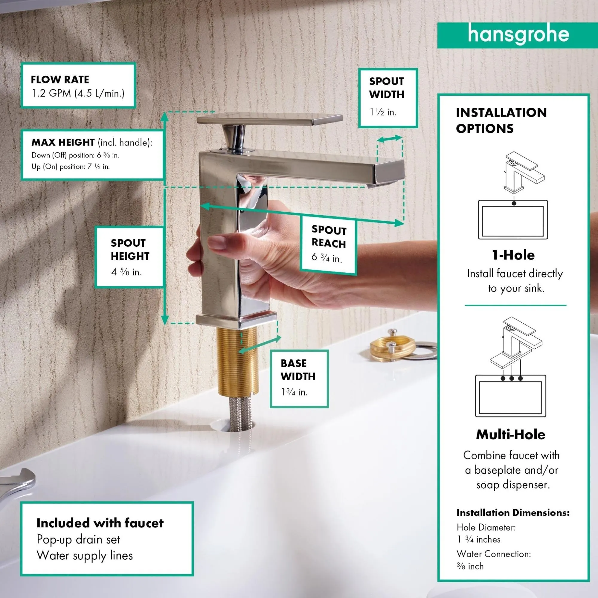 Hansgrohe 73014 Tecturis E 1.2 GPM Single Hole Bathroom Faucet with