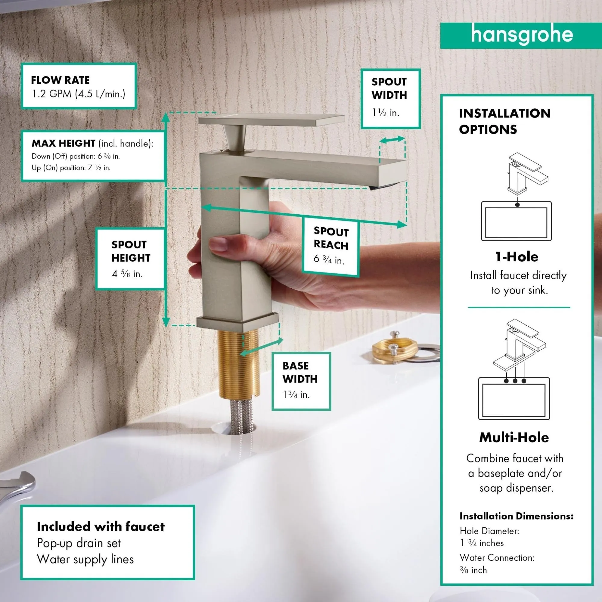 Hansgrohe 73014 Tecturis E 1.2 GPM Single Hole Bathroom Faucet with