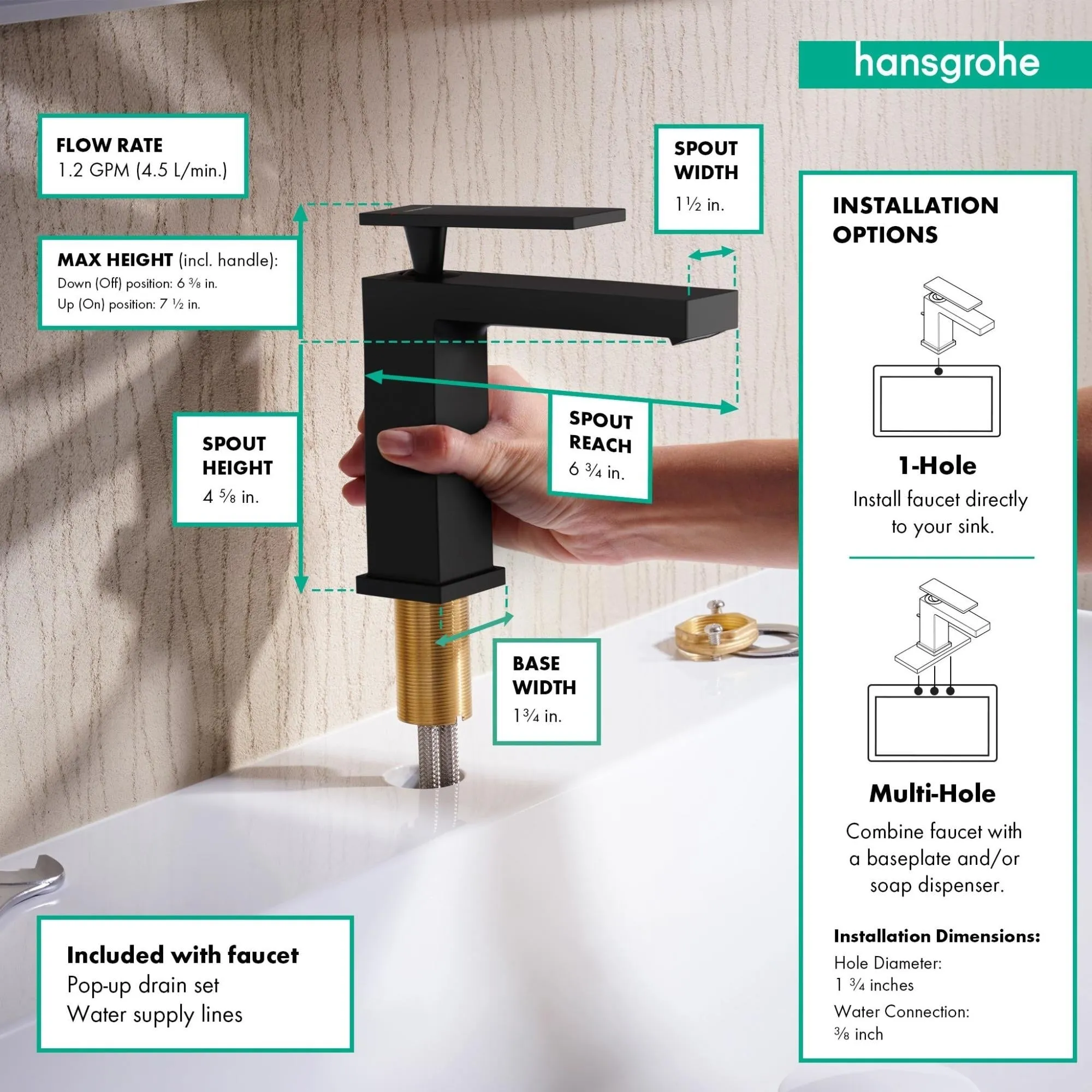 Hansgrohe 73014 Tecturis E 1.2 GPM Single Hole Bathroom Faucet with