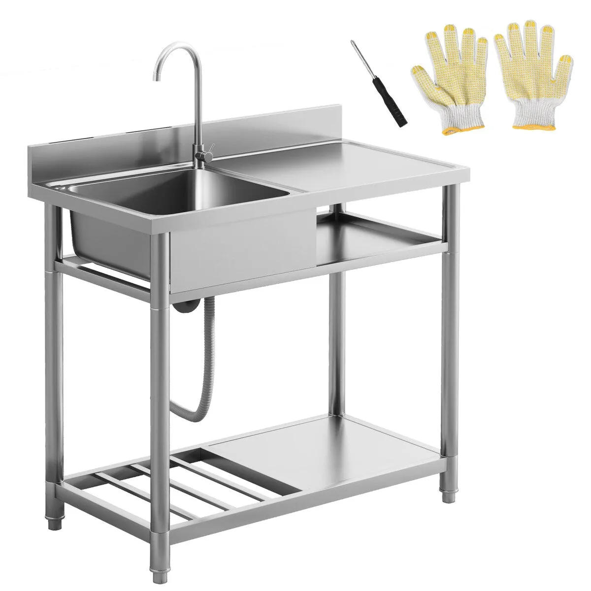 HOMCOM Outdoor Utility Sink. Deep Stainless Steel Sink. Free Standing Single Bowl Kitchen Sink. 39 Inch - 39 Inch