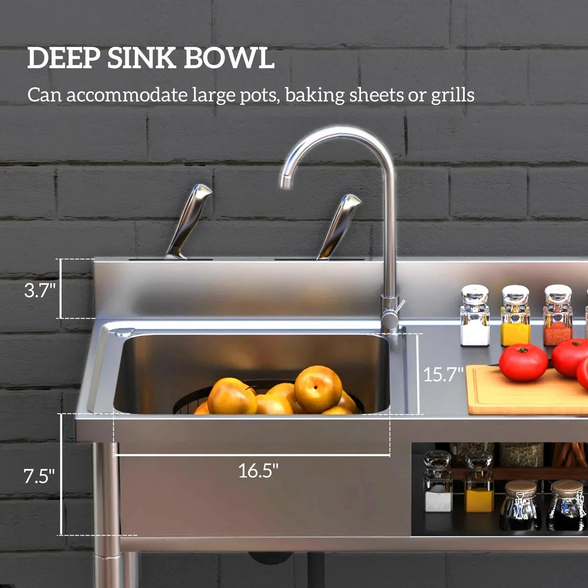 HOMCOM Outdoor Utility Sink. Deep Stainless Steel Sink. Free Standing Single Bowl Kitchen Sink. 39 Inch - 39 Inch
