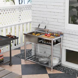HOMCOM Outdoor Utility Sink. Deep Stainless Steel Sink. Free Standing Single Bowl Kitchen Sink. 39 Inch - 39 Inch
