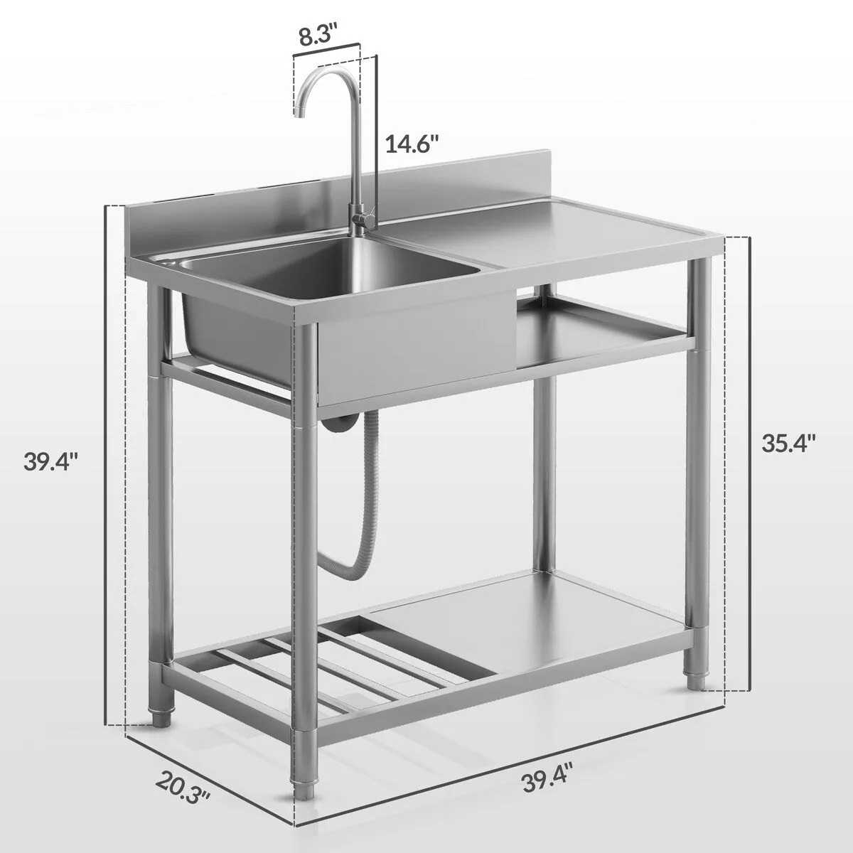 HOMCOM Outdoor Utility Sink. Deep Stainless Steel Sink. Free Standing Single Bowl Kitchen Sink. 39 Inch - 39 Inch