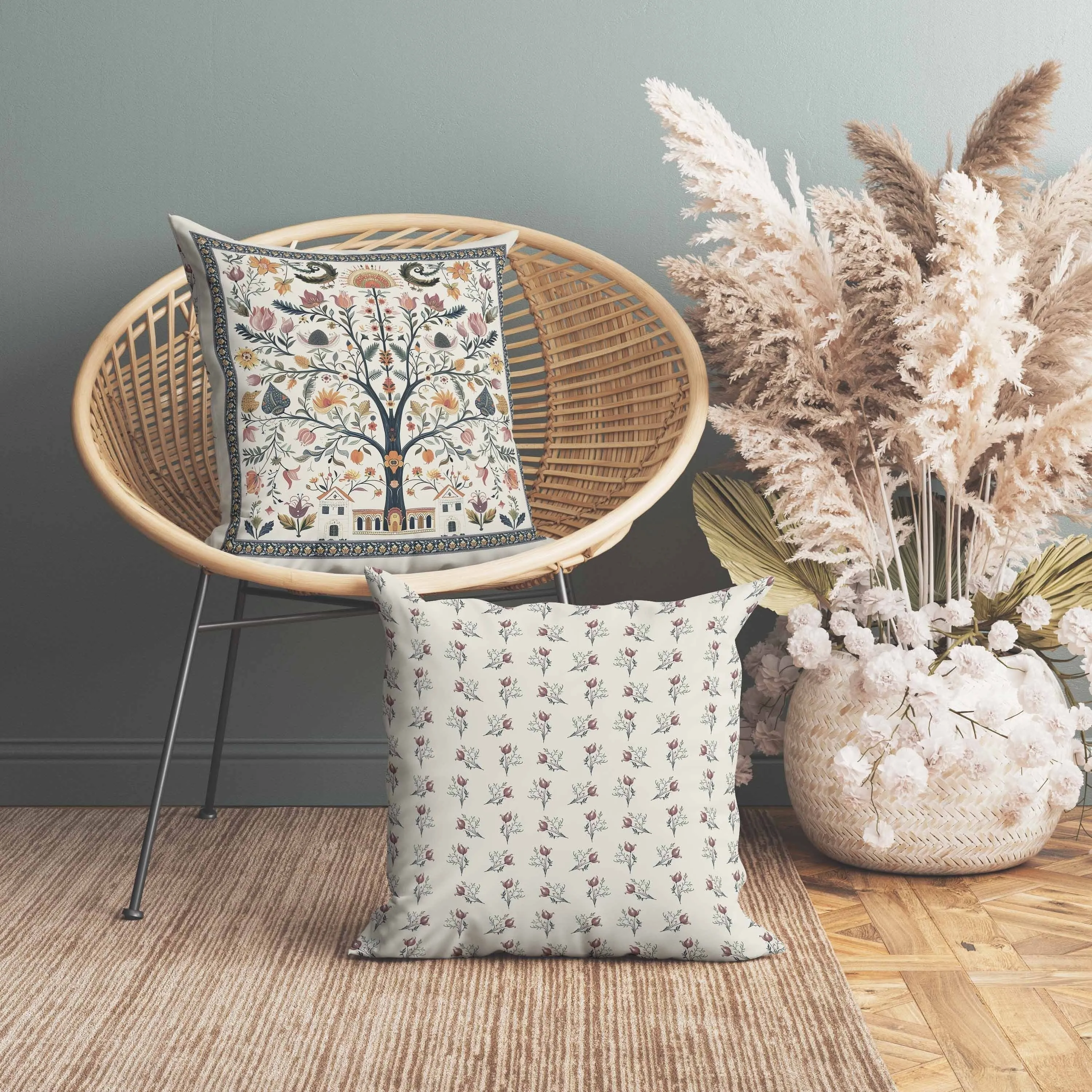Indian Folk Art Tree Indoor/Outdoor Reversible Throw Pillow Multi