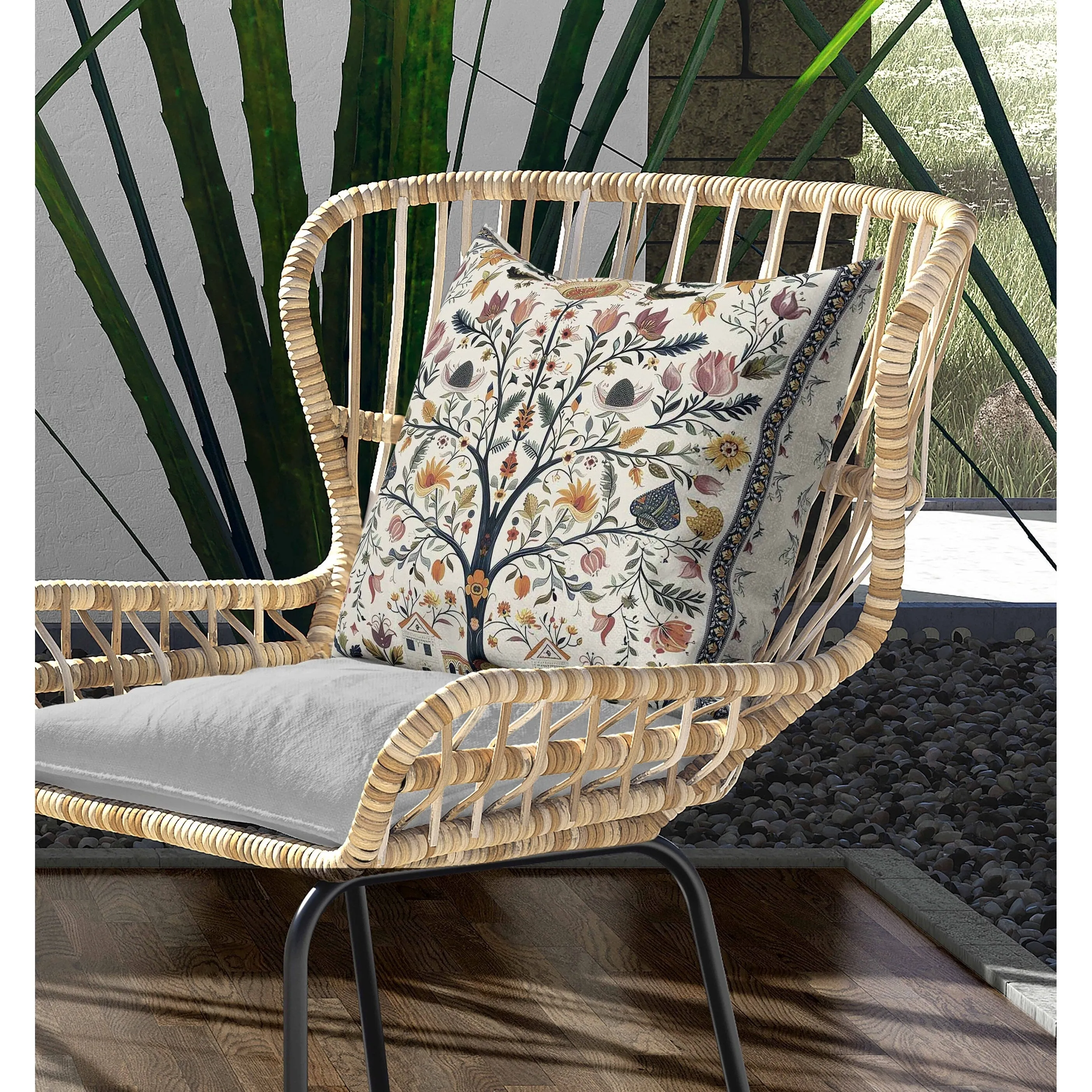 Indian Folk Art Tree Indoor/Outdoor Reversible Throw Pillow Multi
