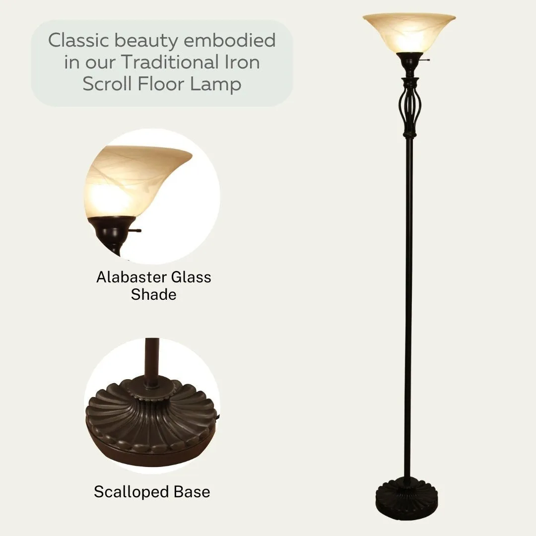Iron Scroll Floor Lamp with Alabaster Glass Bowl Shade for Living Room Decor - Tall Floor Lamp - Traditional Iron Scroll