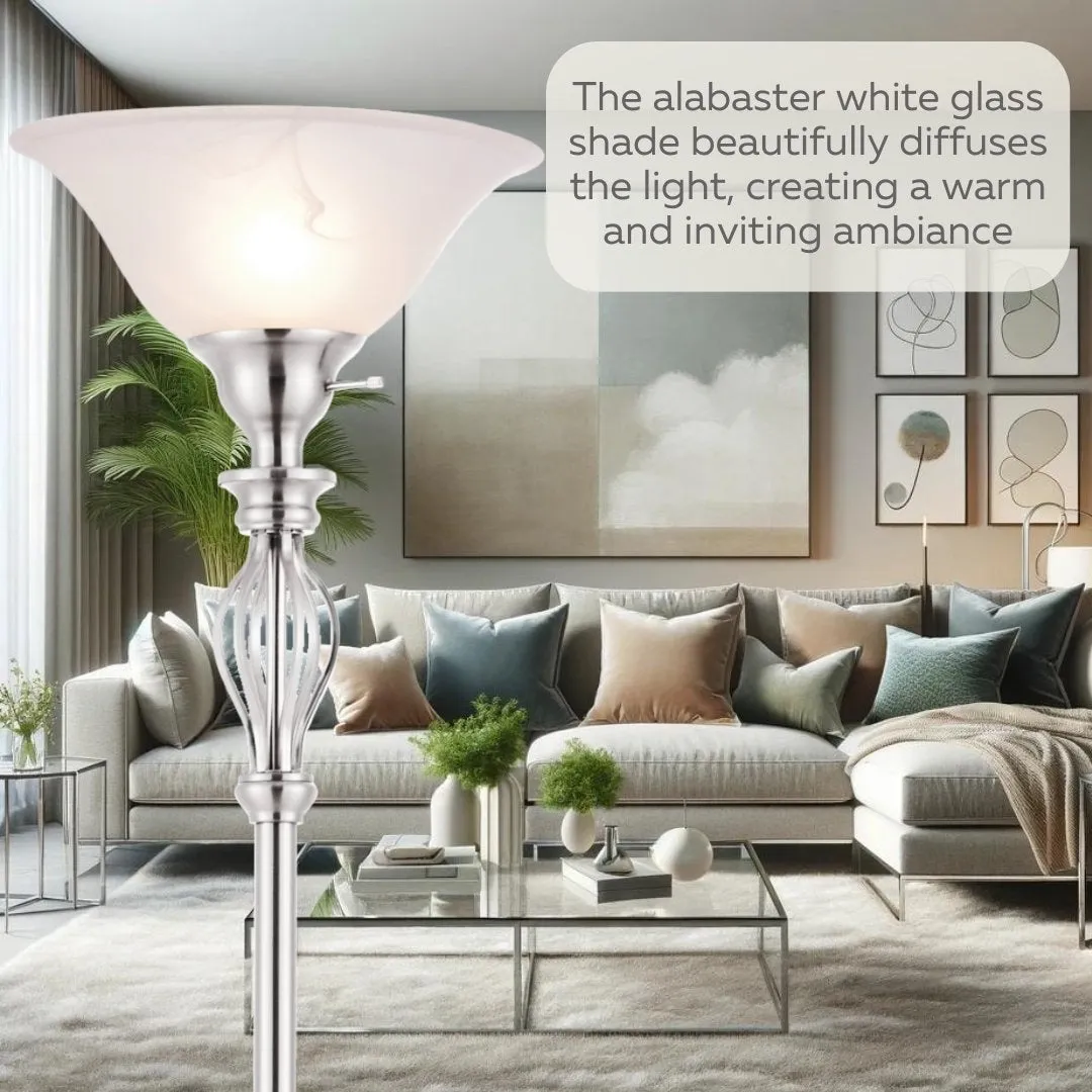 Iron Scroll Floor Lamp with Alabaster Glass Bowl Shade for Living Room Decor - Tall Floor Lamp - Traditional Iron Scroll