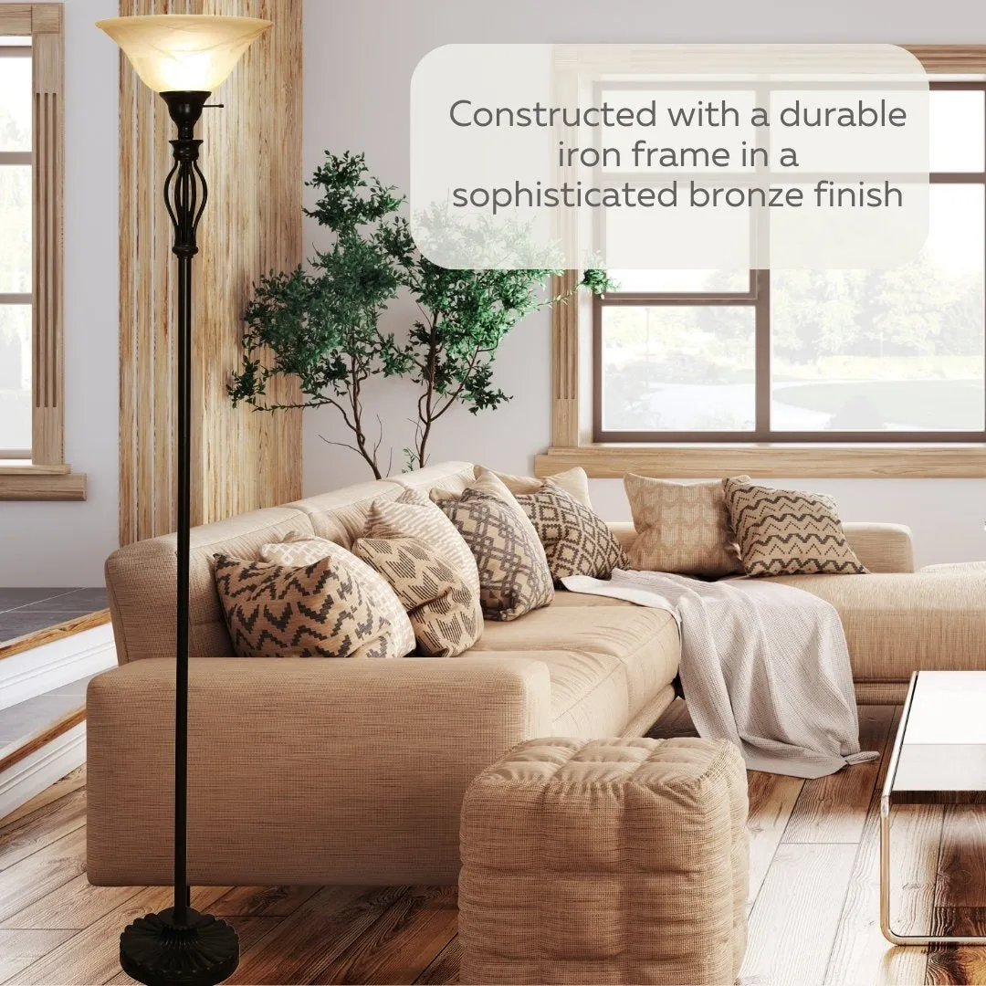 Iron Scroll Floor Lamp with Alabaster Glass Bowl Shade for Living Room Decor - Tall Floor Lamp - Traditional Iron Scroll