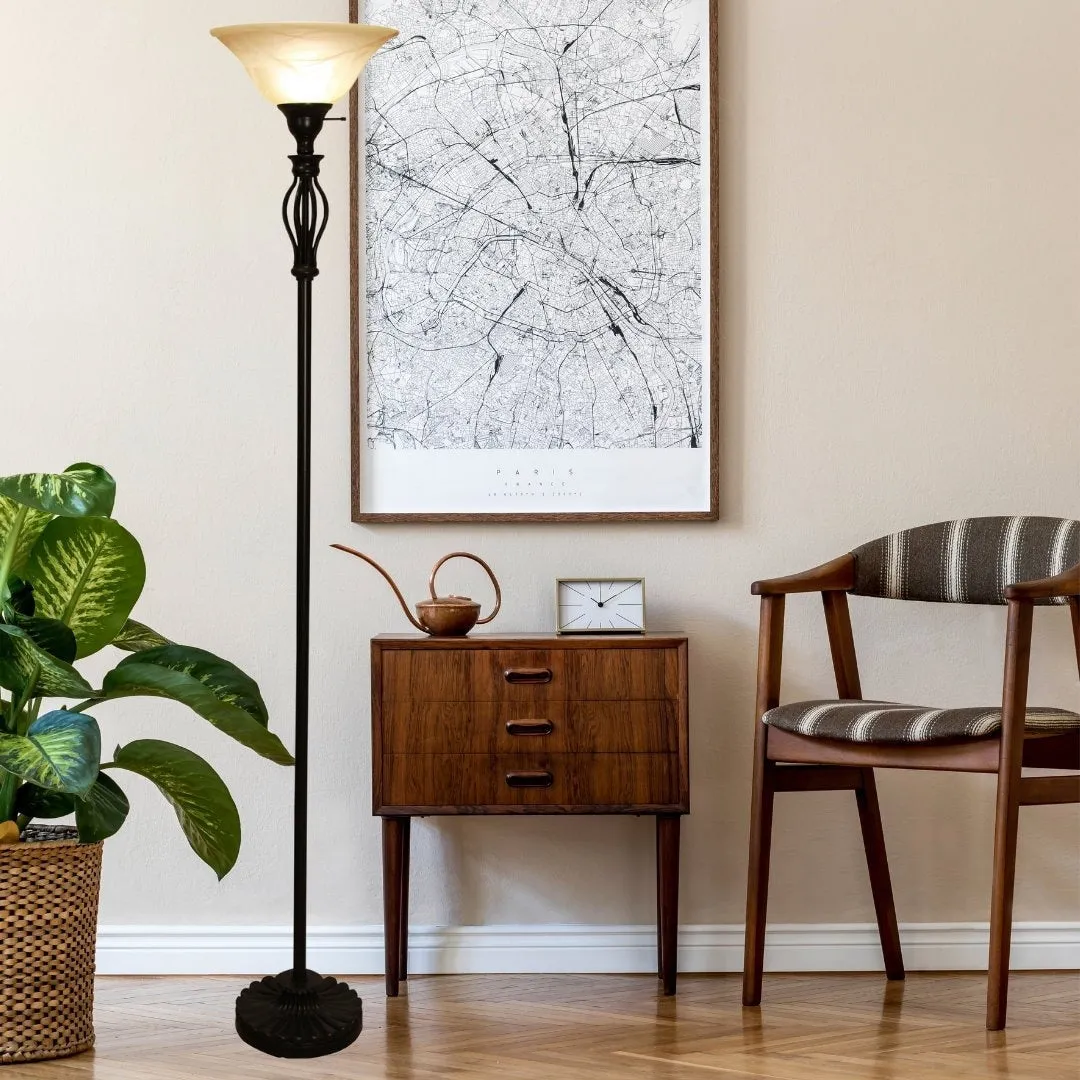 Iron Scroll Floor Lamp with Alabaster Glass Bowl Shade for Living Room Decor - Tall Floor Lamp - Traditional Iron Scroll