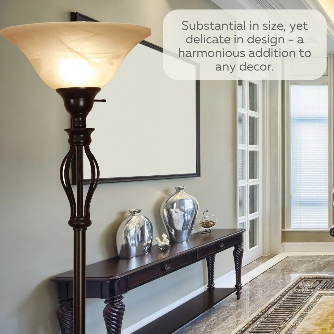 Iron Scroll Floor Lamp with Alabaster Glass Bowl Shade for Living Room Decor - Tall Floor Lamp - Traditional Iron Scroll