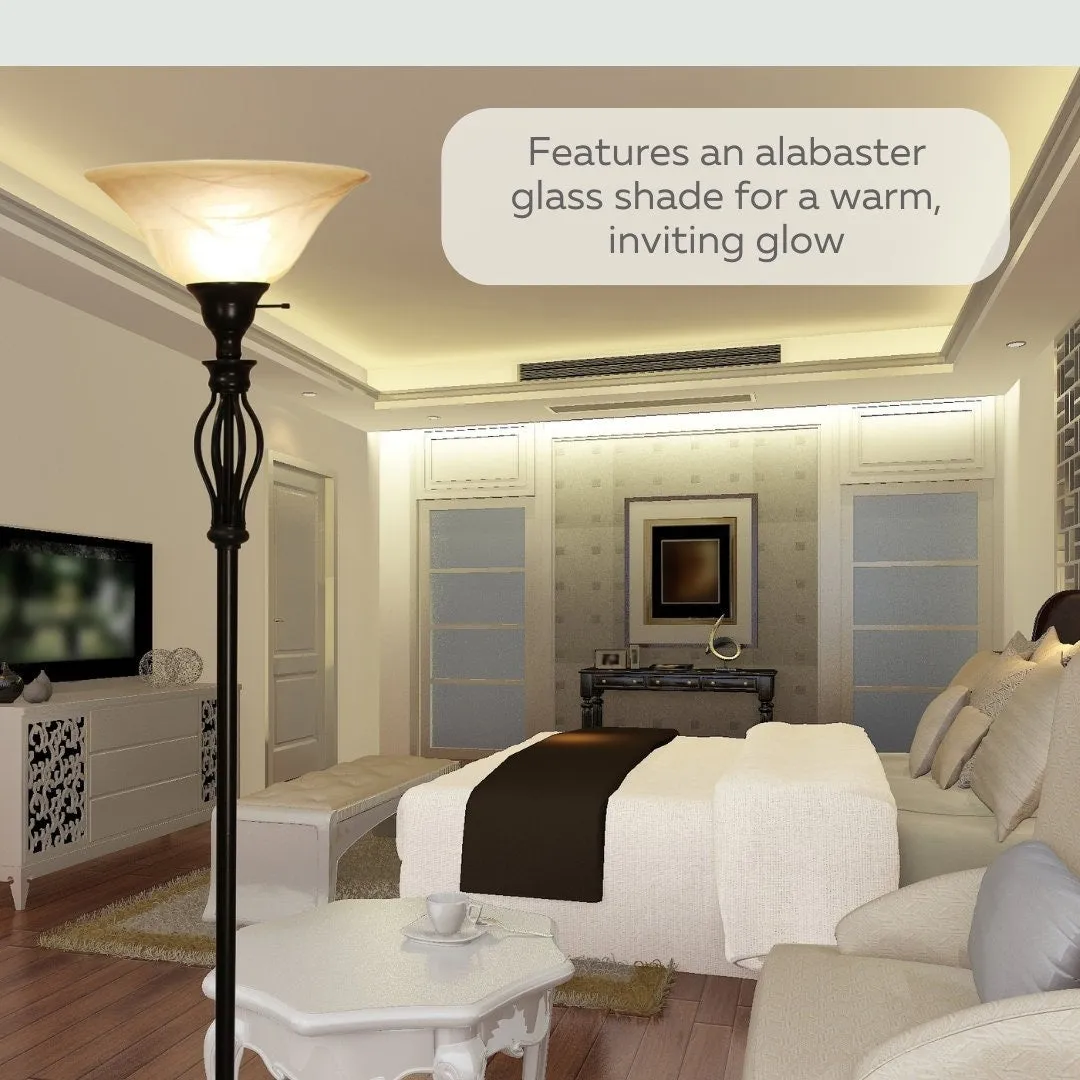Iron Scroll Floor Lamp with Alabaster Glass Bowl Shade for Living Room Decor - Tall Floor Lamp - Traditional Iron Scroll