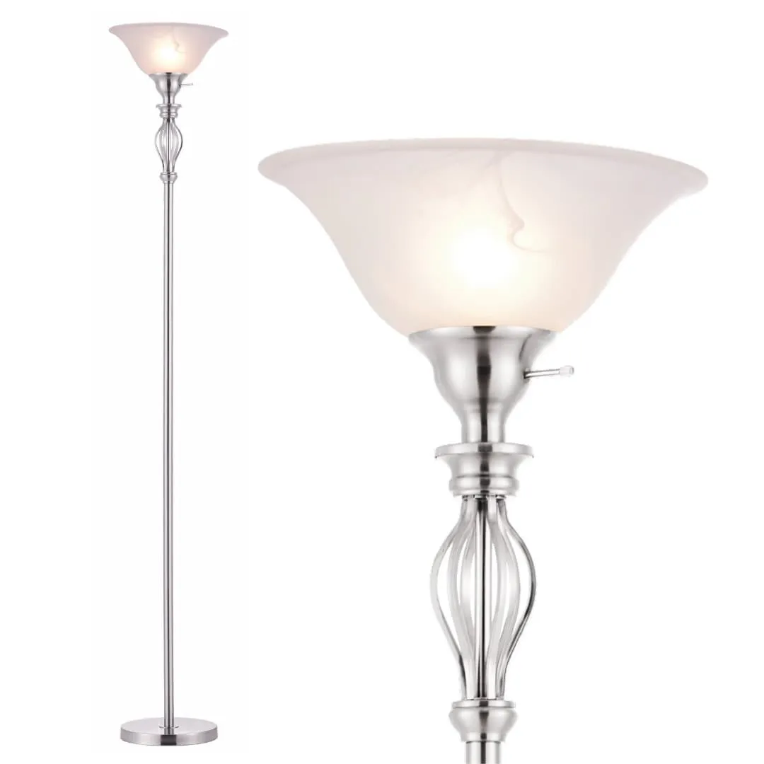 Iron Scroll Floor Lamp with Alabaster Glass Bowl Shade for Living Room Decor - Tall Floor Lamp - Traditional Iron Scroll