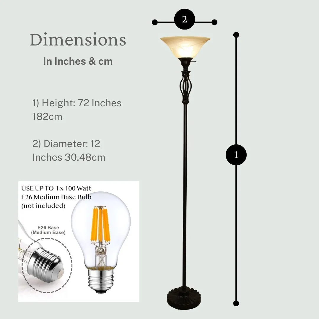 Iron Scroll Floor Lamp with Alabaster Glass Bowl Shade for Living Room Decor - Tall Floor Lamp - Traditional Iron Scroll