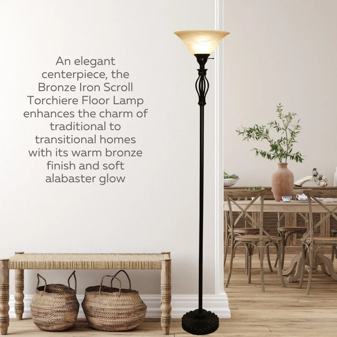 Iron Scroll Floor Lamp with Alabaster Glass Bowl Shade for Living Room Decor - Tall Floor Lamp - Traditional Iron Scroll