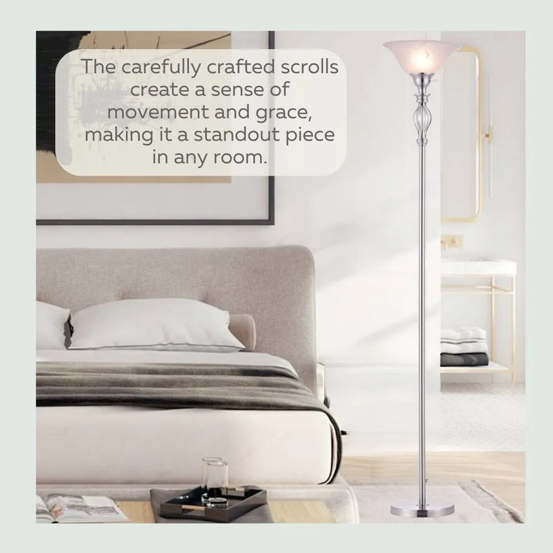Iron Scroll Floor Lamp with Alabaster Glass Bowl Shade for Living Room Decor - Tall Floor Lamp - Traditional Iron Scroll