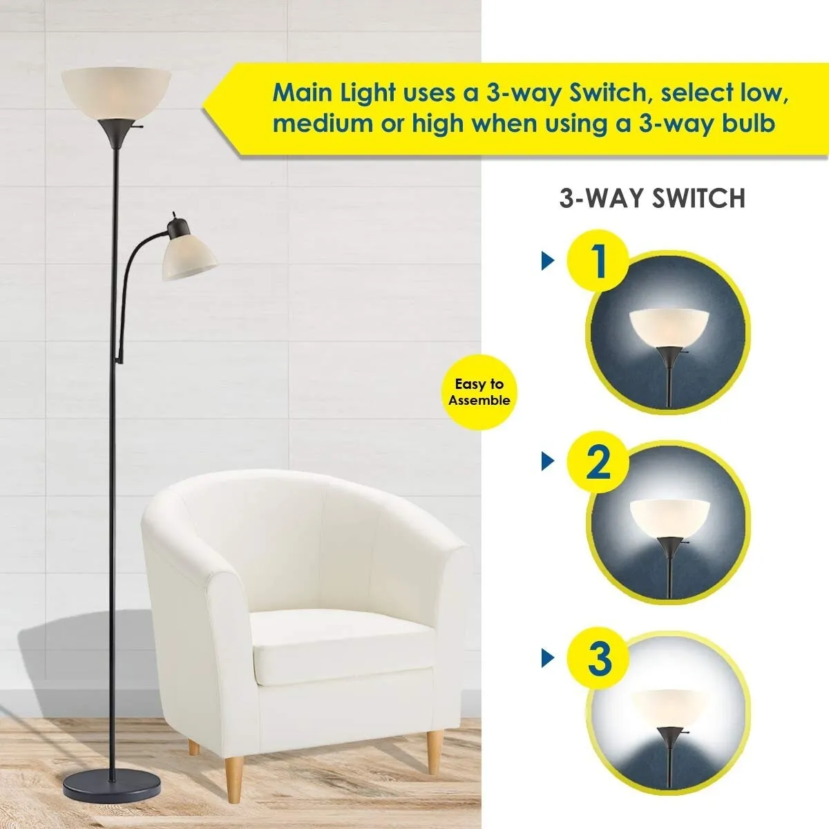 LIGHTACCENTS Floor Lamp with White Plastic Shades. Adjustable Standing Lamp. Reading Light. Head Lamp. Ideal Floor Lamps