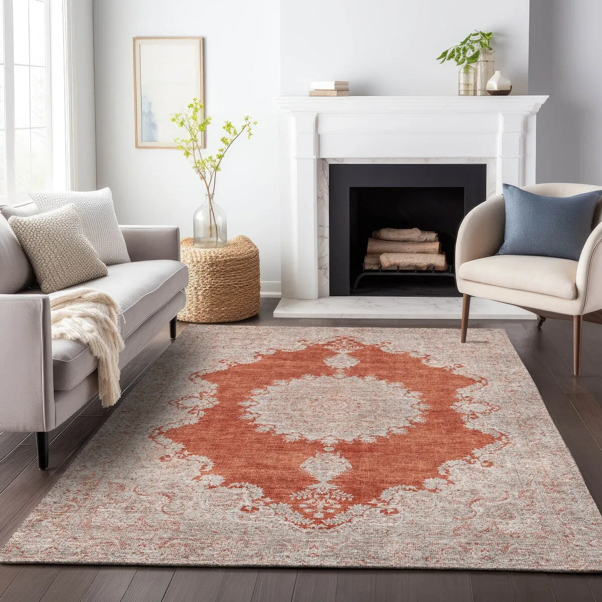 Machine Washable Indoor/ Outdoor Vintage Traditional Chantille Rug