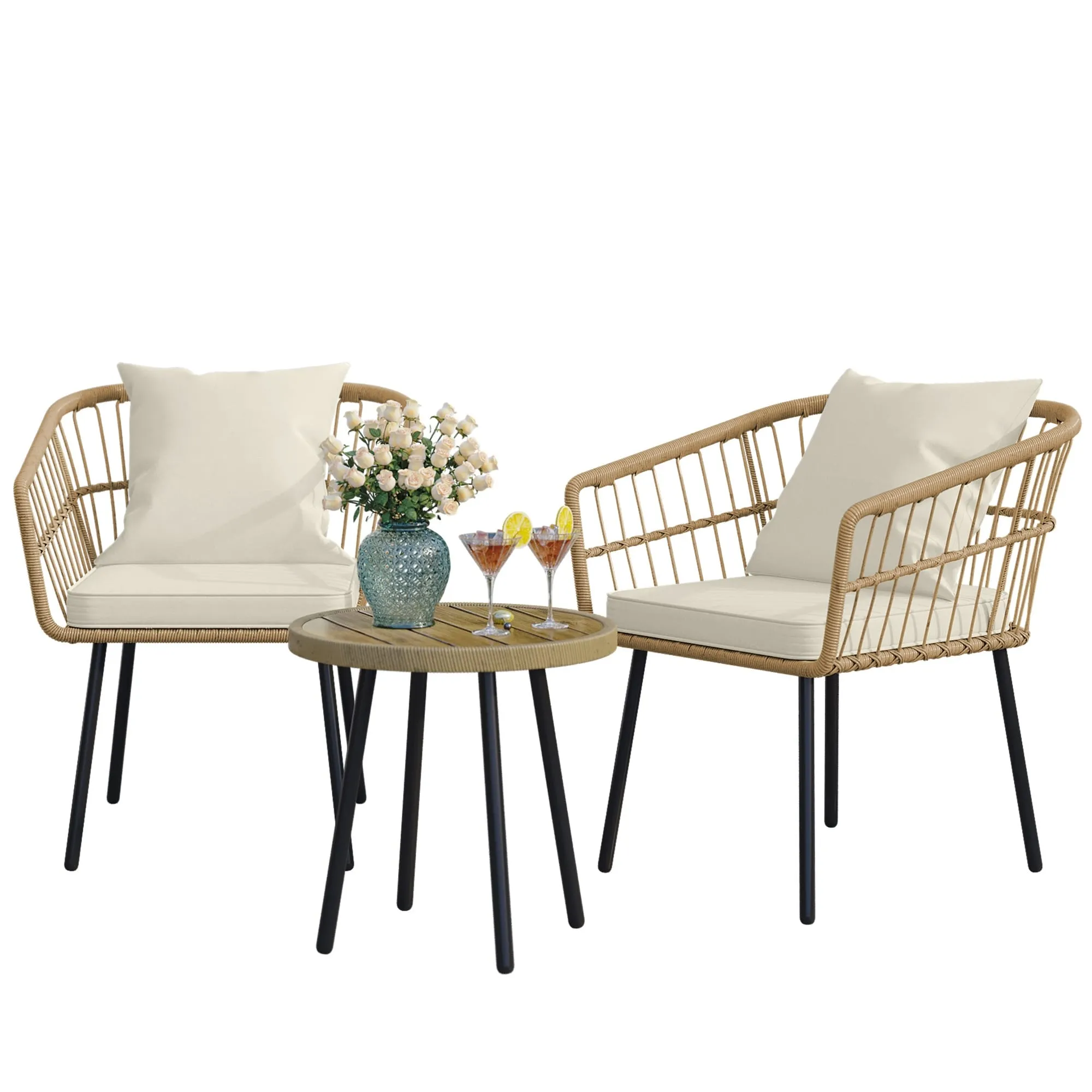 Moasis 3 Pieces Outdoor Wicker Rattan Patio Conversation Bistro Set
