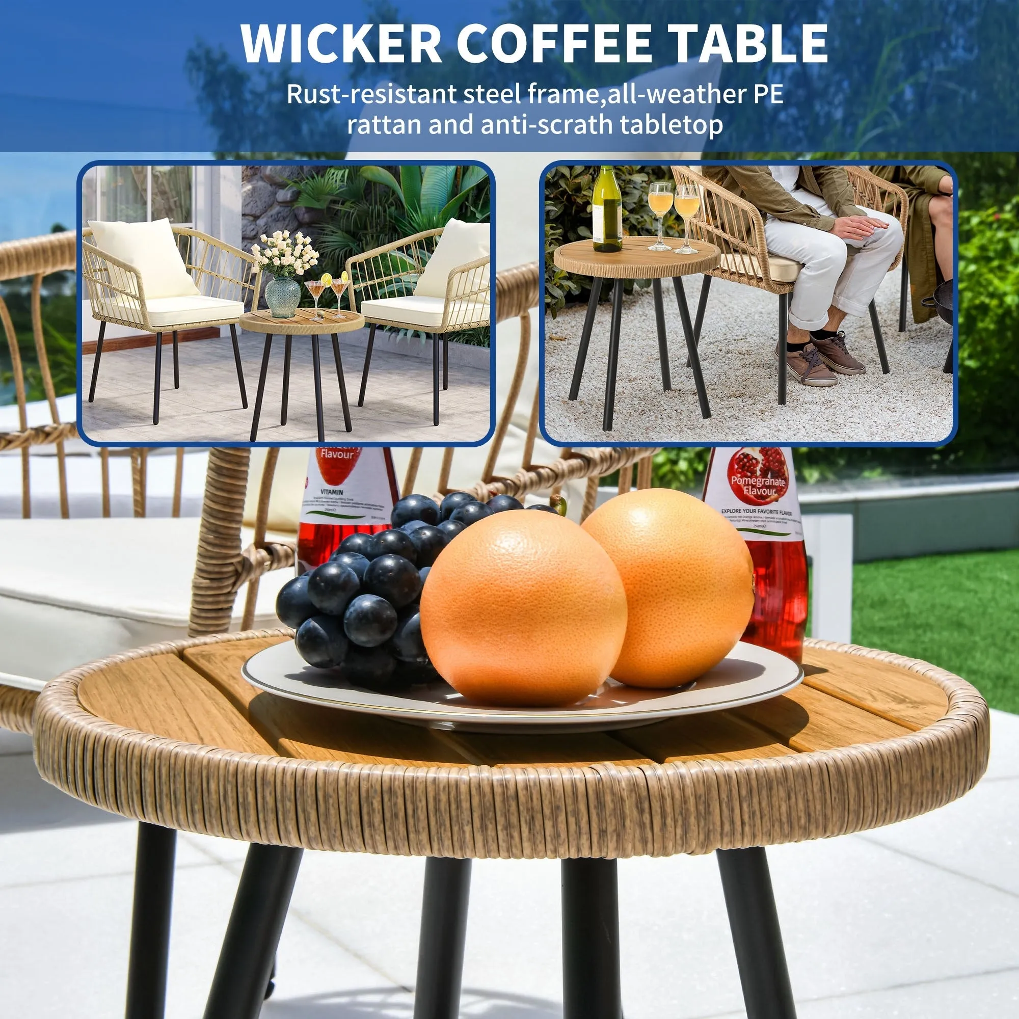 Moasis 3 Pieces Outdoor Wicker Rattan Patio Conversation Bistro Set