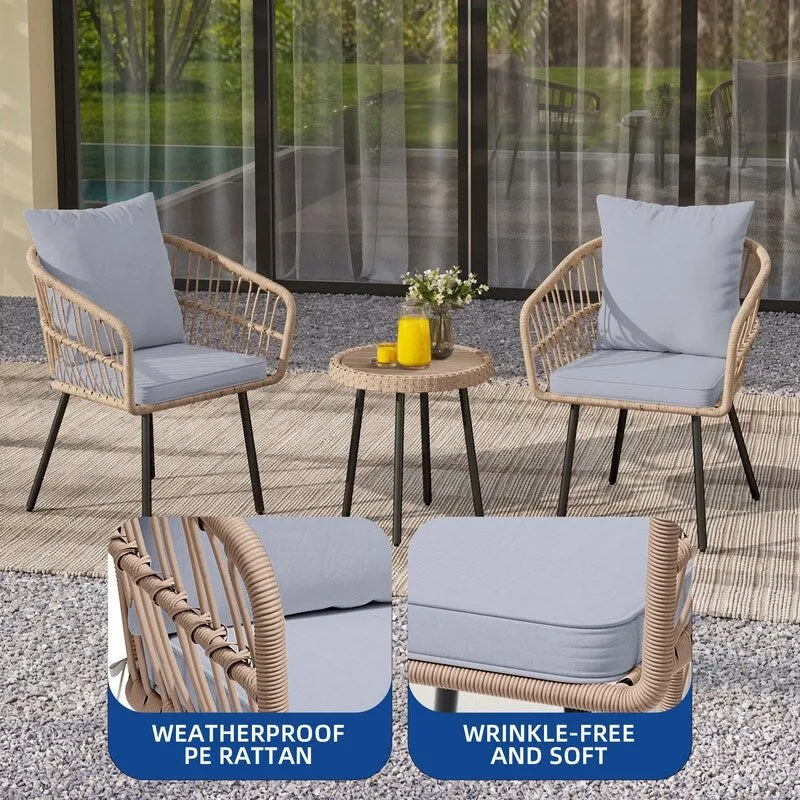 Moasis 3 Pieces Outdoor Wicker Rattan Patio Conversation Bistro Set