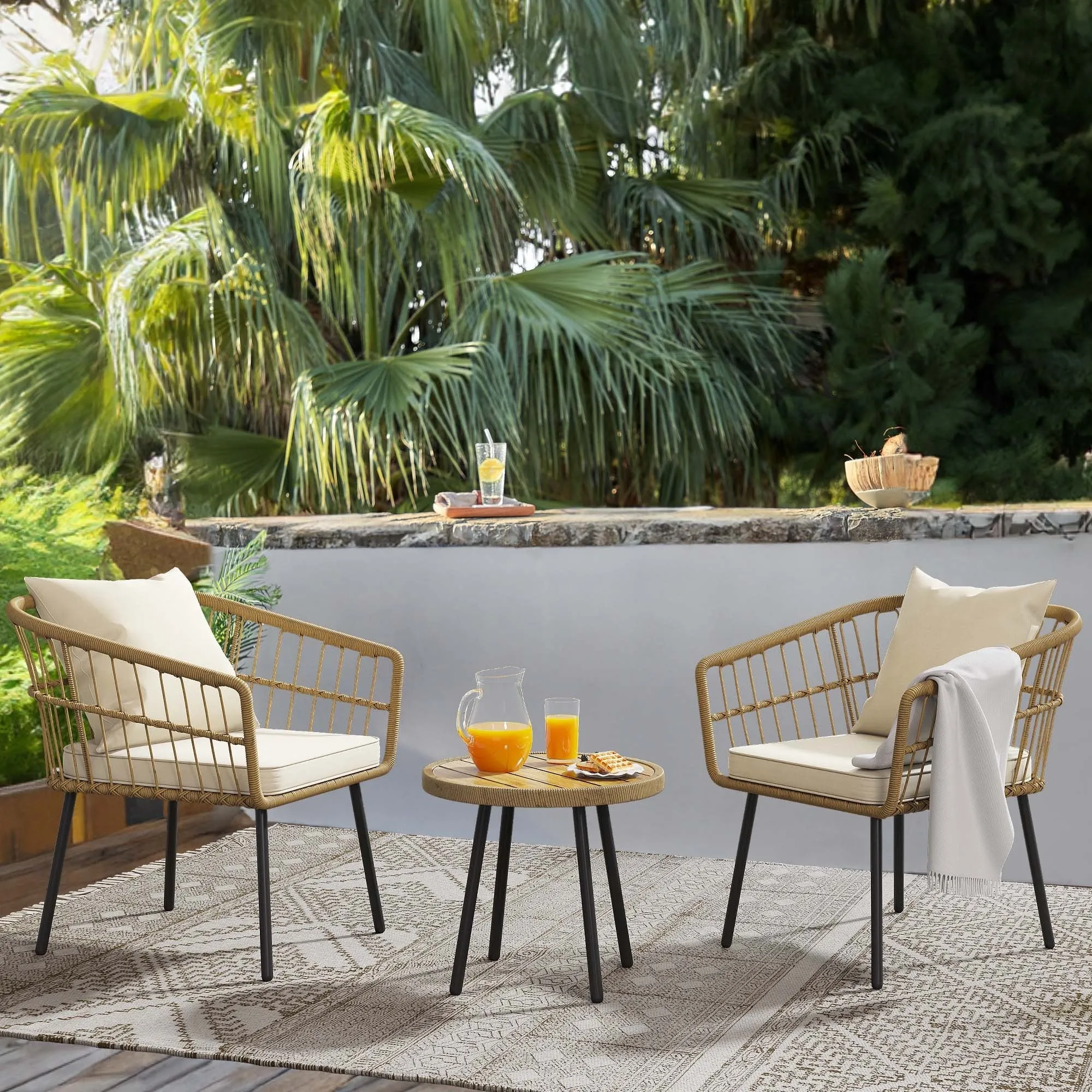 Moasis 3 Pieces Outdoor Wicker Rattan Patio Conversation Bistro Set