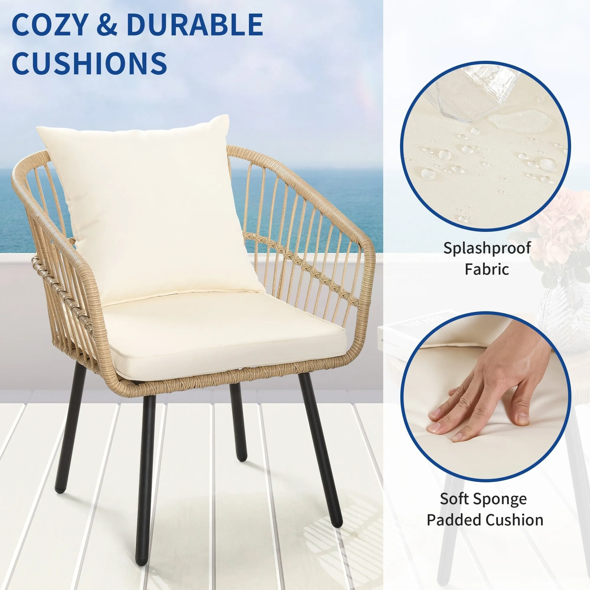 Moasis 3 Pieces Outdoor Wicker Rattan Patio Conversation Bistro Set