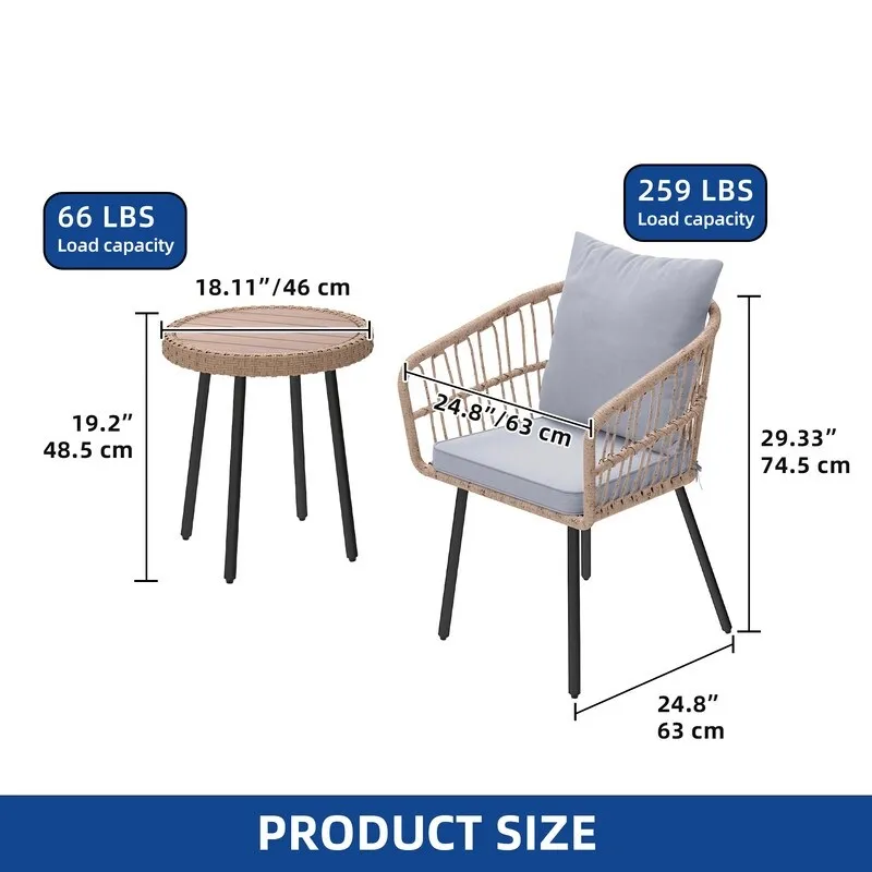 Moasis 3 Pieces Outdoor Wicker Rattan Patio Conversation Bistro Set