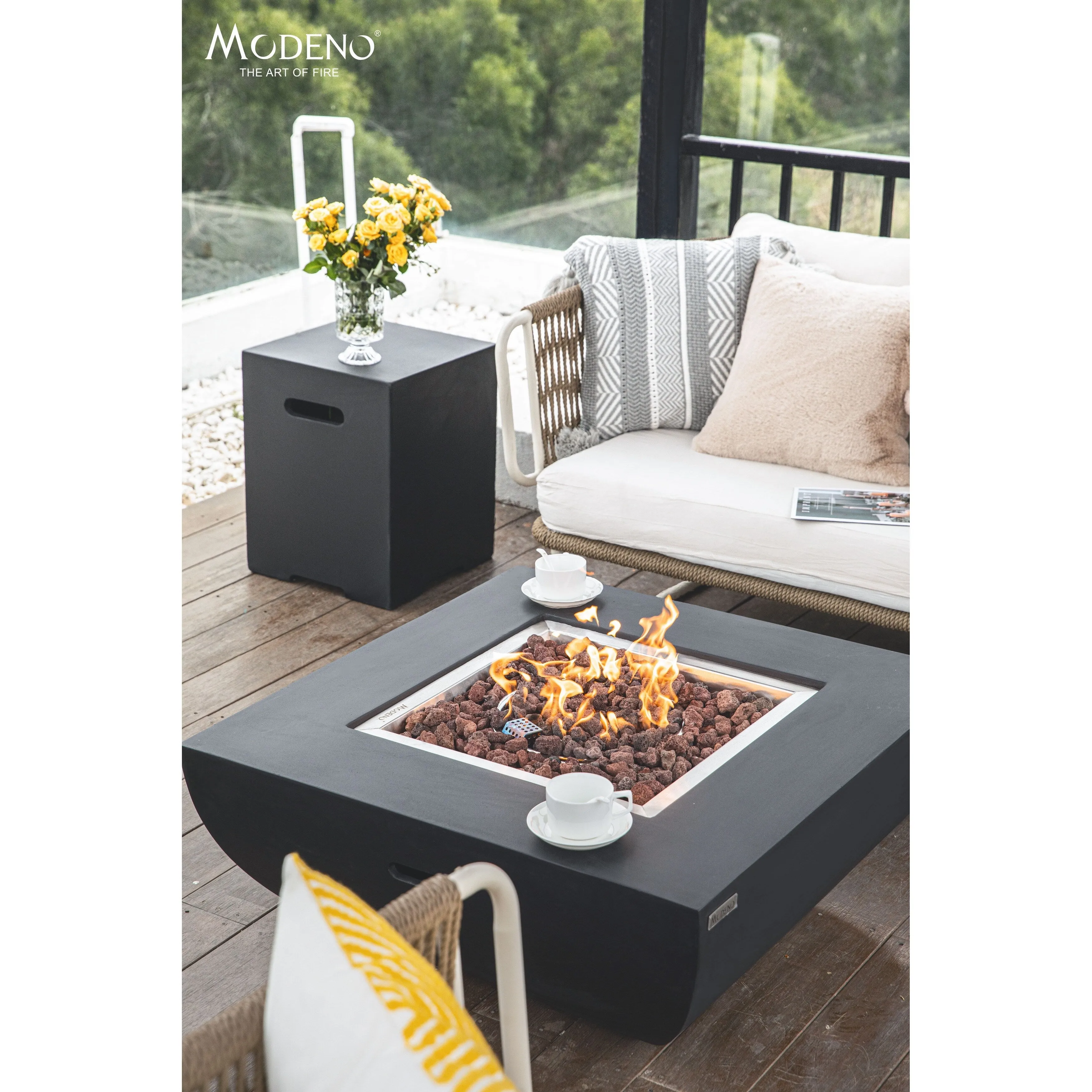 Modeno Aurora 50.000 BTU Black Concrete Propane Fire Table with Lava Rocks & Cover