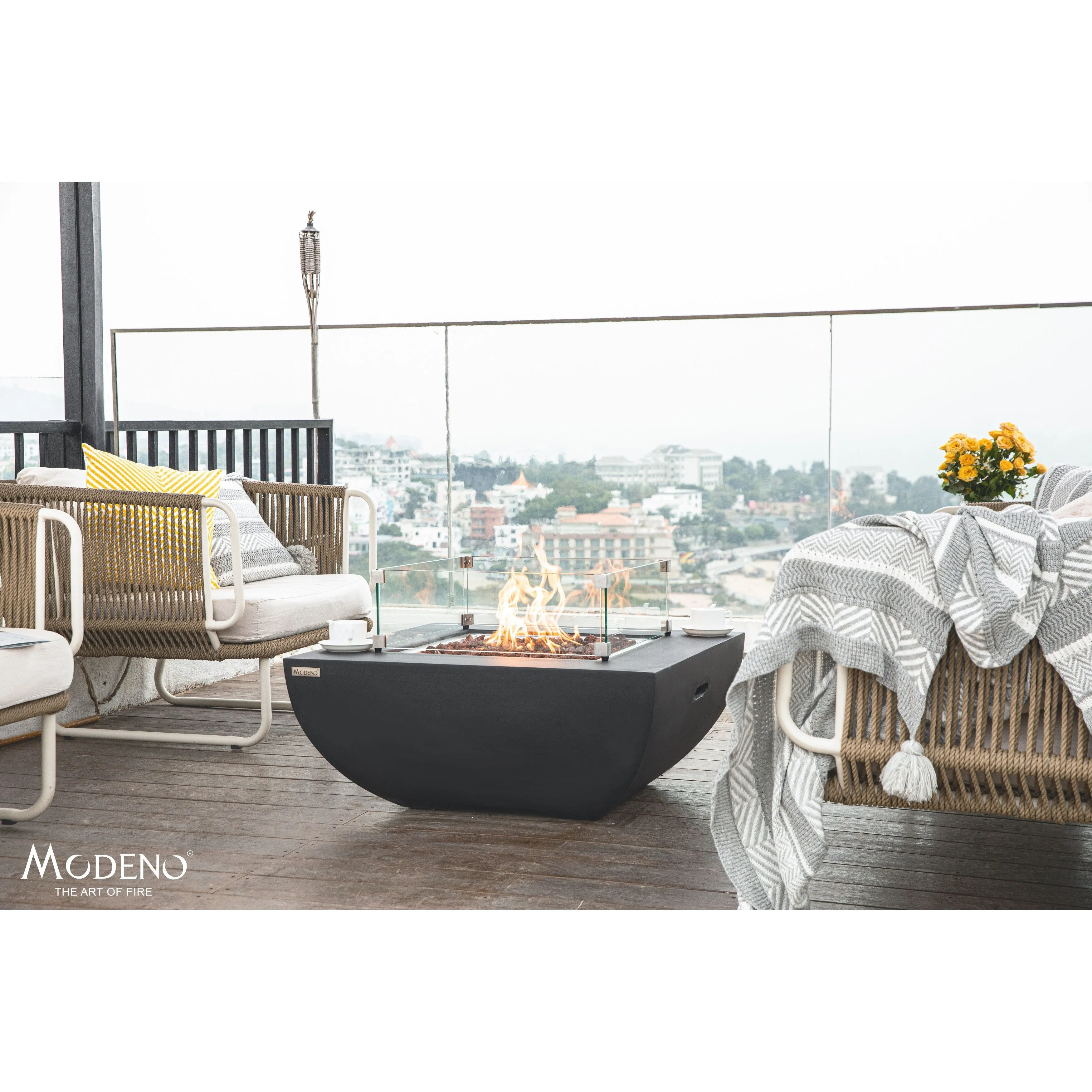 Modeno Aurora 50.000 BTU Black Concrete Propane Fire Table with Lava Rocks & Cover