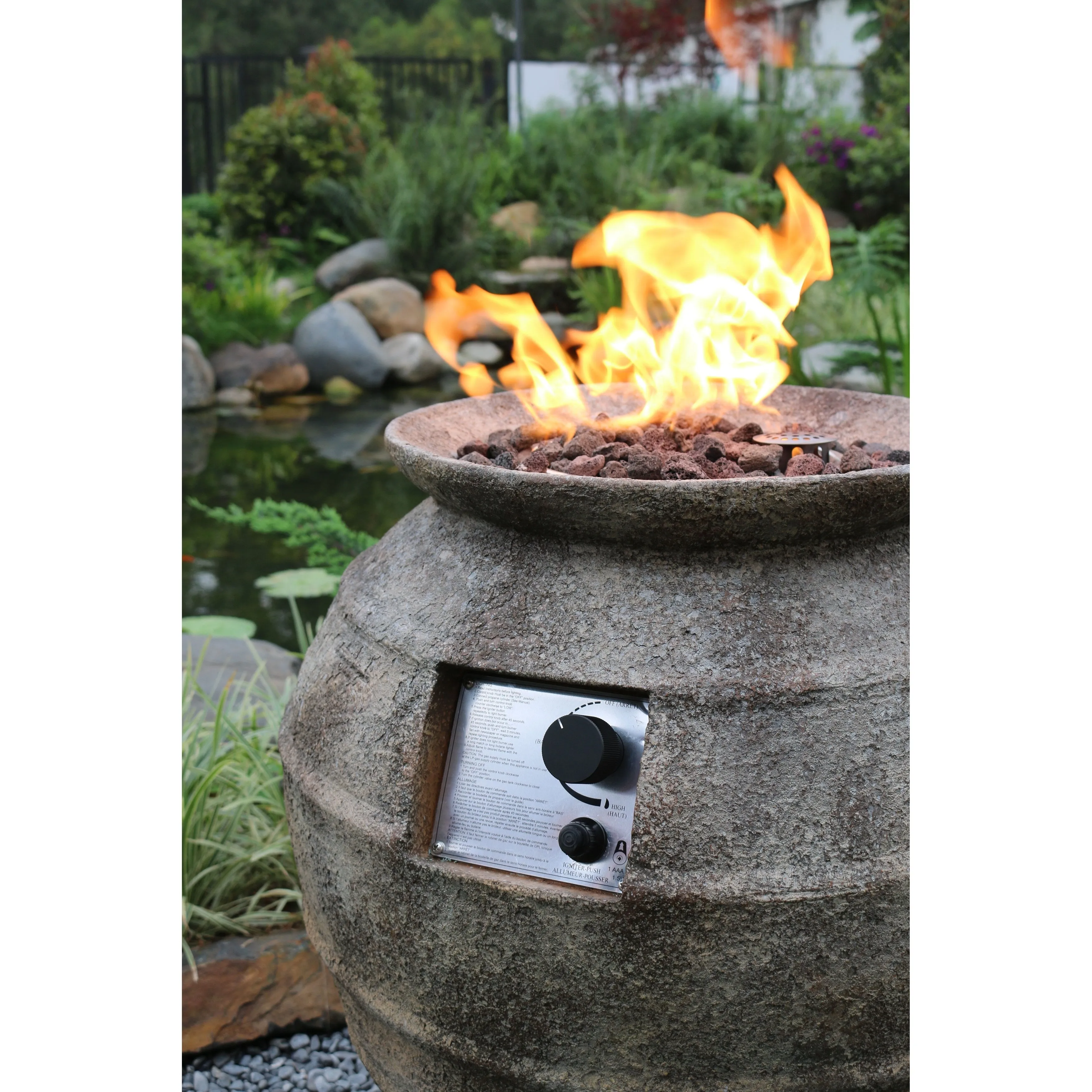 Modeno Pompeii 40.000 BTU Concrete Propane Column Fire Pit with Lava Rocks & Cover