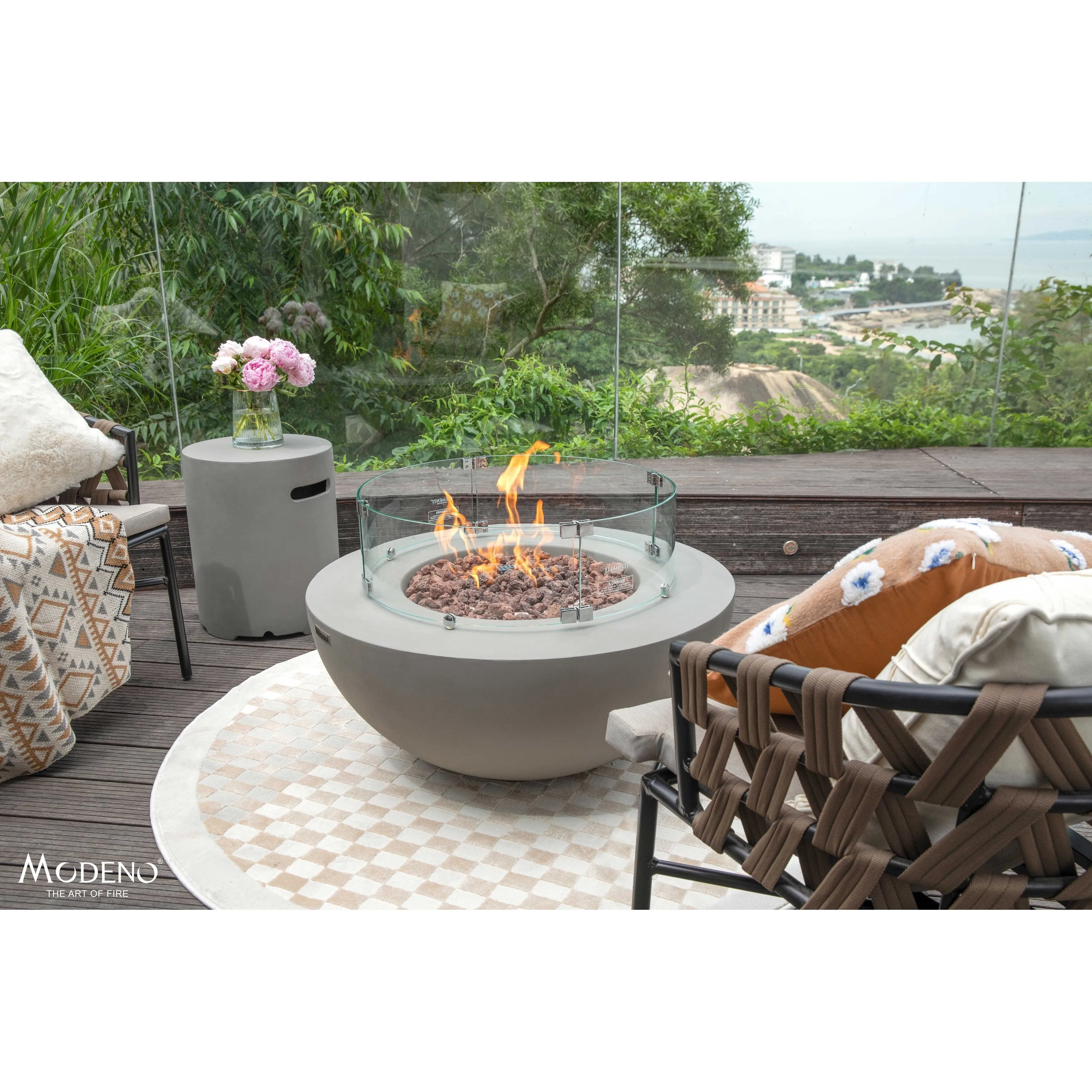 Modeno Roca 50.000 BTU Light Grey Concrete Propane Fire Table with Lava Rocks & Cover - 34 x 34 x 15