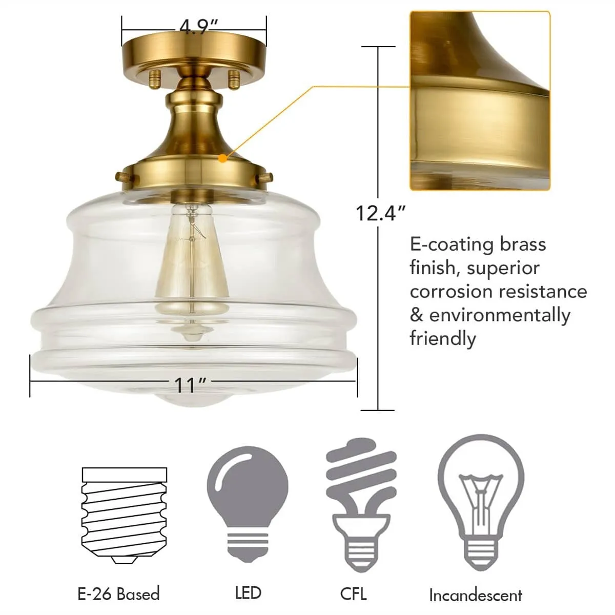 Orvieto Modern Brass Semi Flush Mount Ceiling Light Schoolhouse Fixture 1-Light