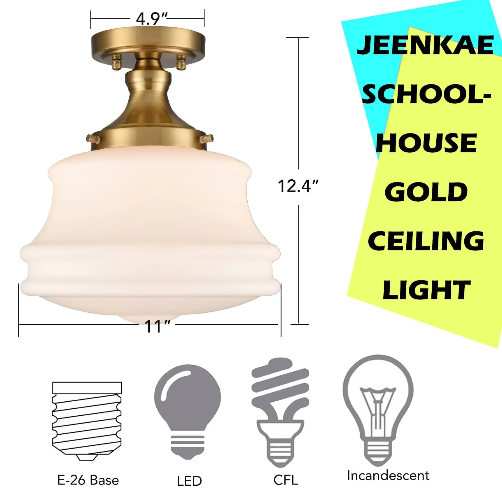 Orvieto Modern Brass Semi Flush Mount Ceiling Light Schoolhouse Fixture 1-Light