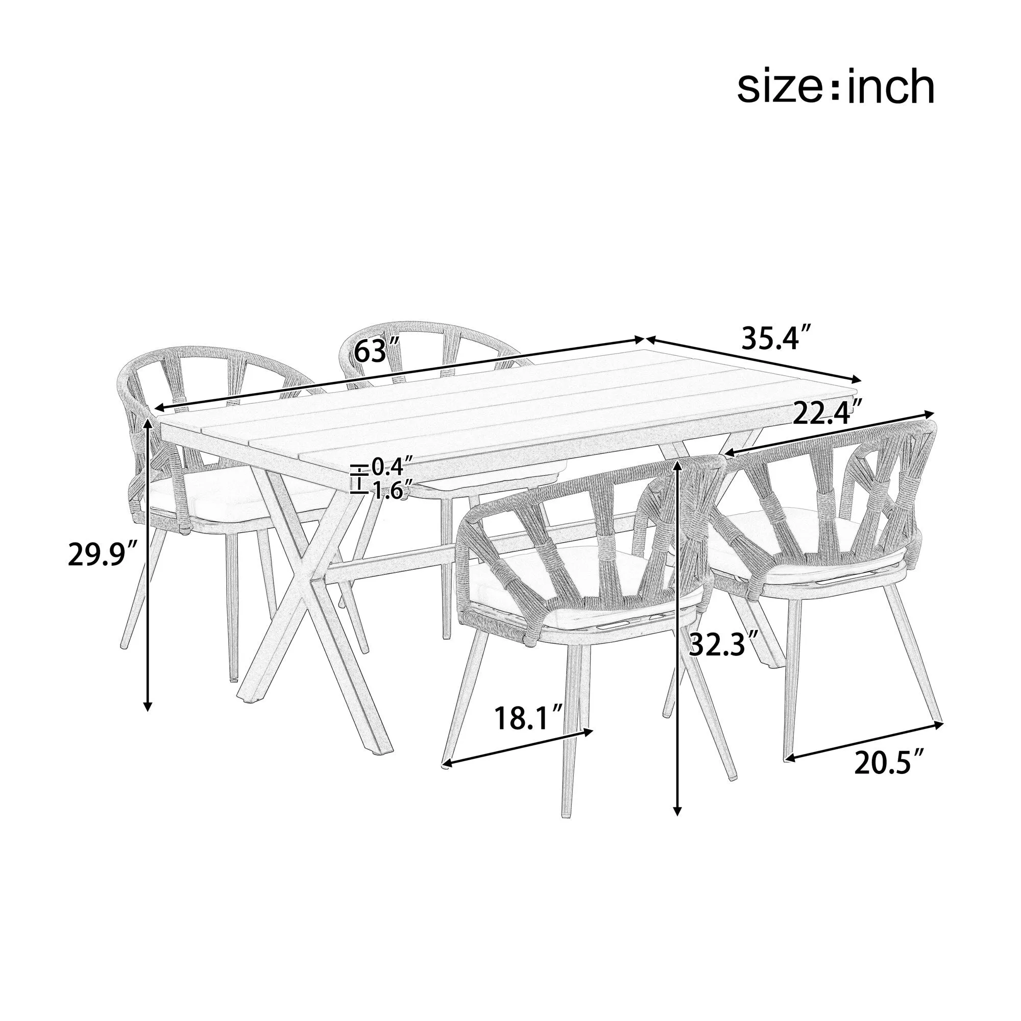 Outdoor PE Rattan Chairs with Plastic Wood Table for Garden (Set of 5)