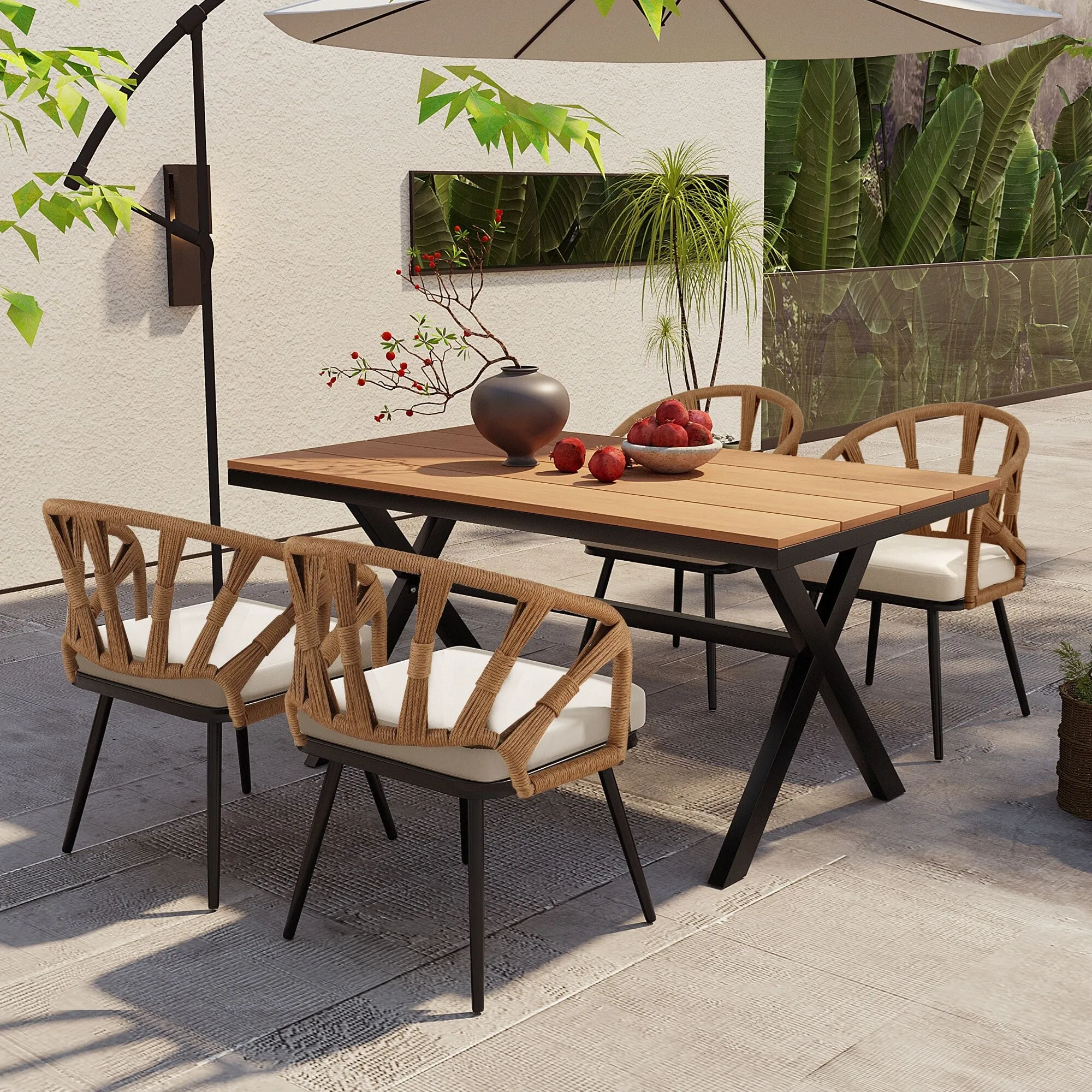Outdoor PE Rattan Chairs with Plastic Wood Table for Garden (Set of 5)