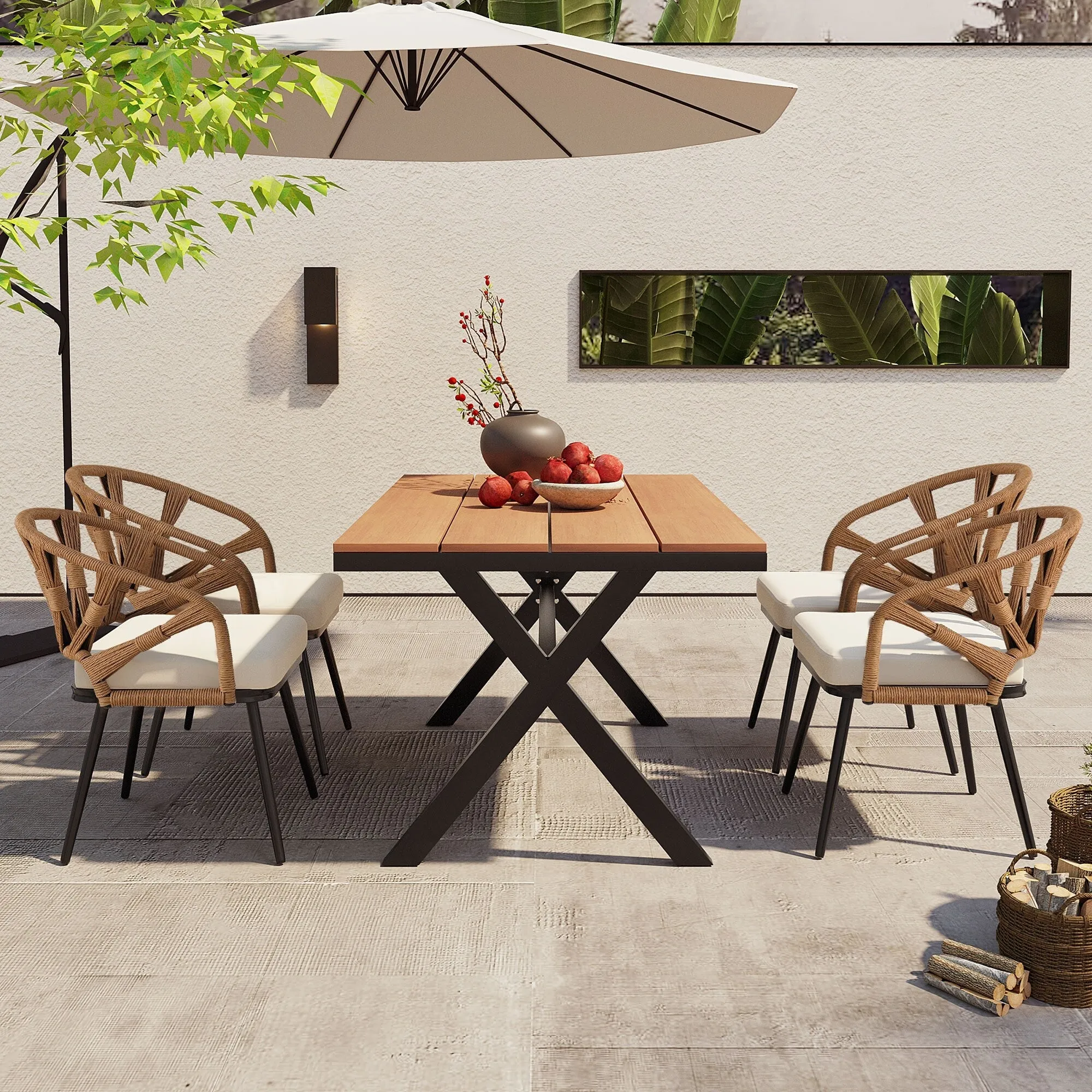 Outdoor PE Rattan Chairs with Plastic Wood Table for Garden (Set of 5)