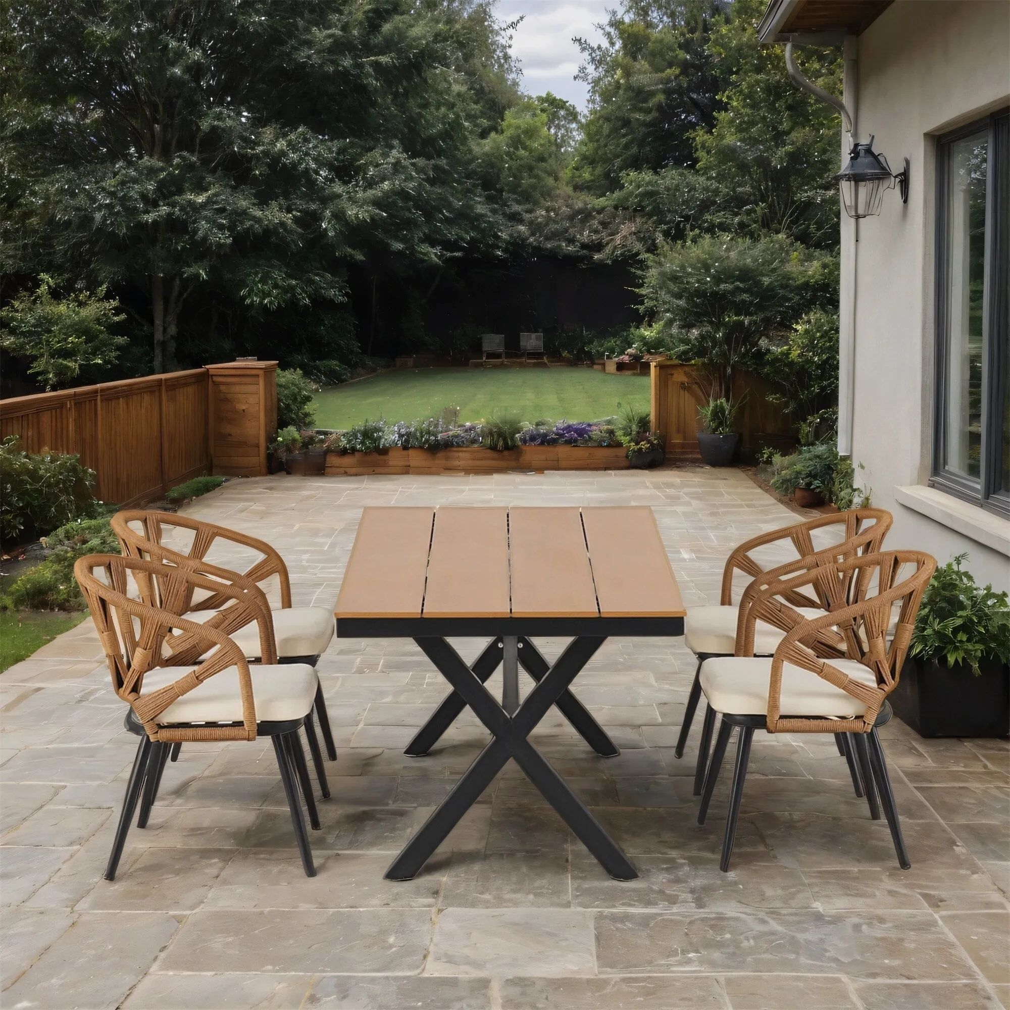 Outdoor PE Rattan Chairs with Plastic Wood Table for Garden (Set of 5)